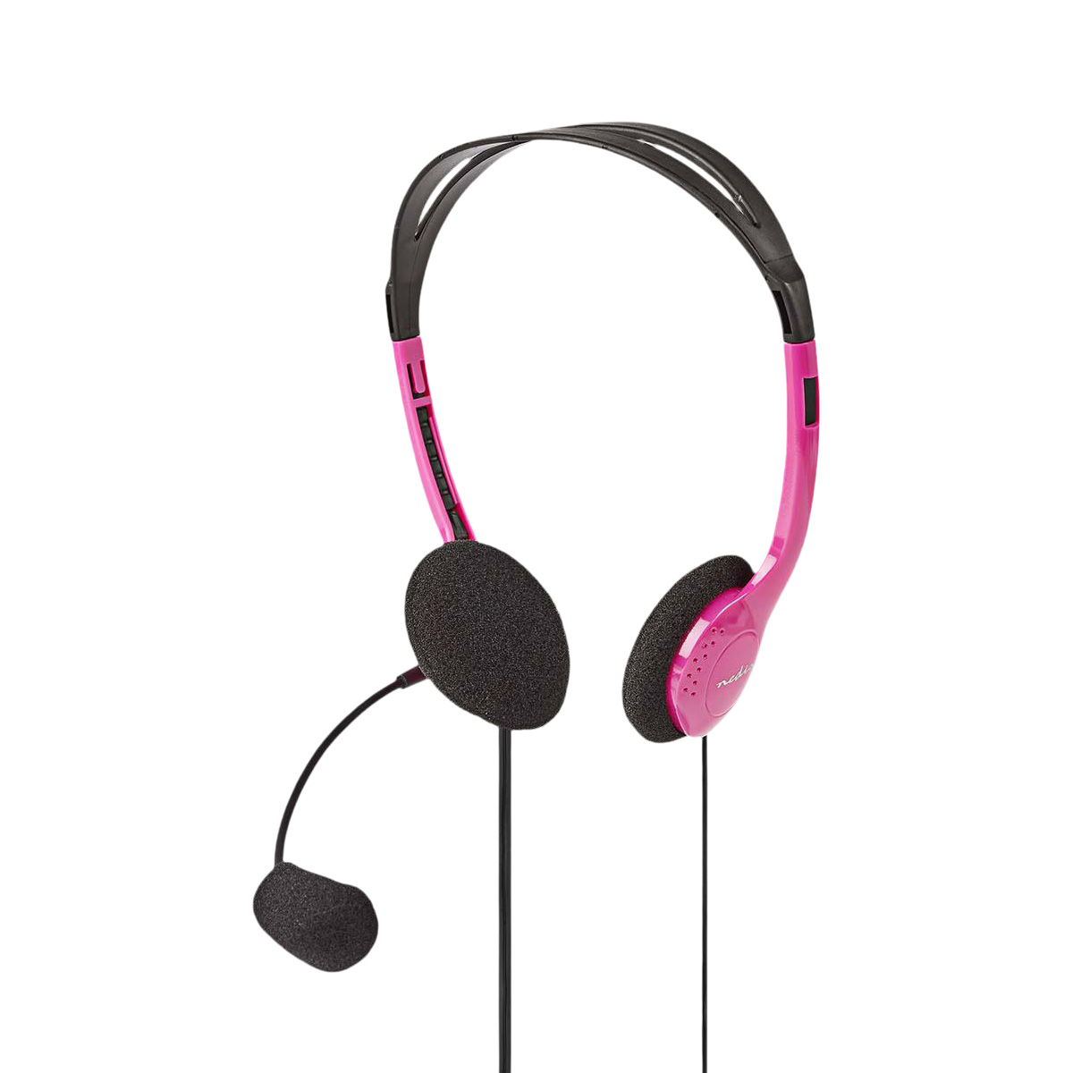 Roze koptelefoon met zwarte hoofdband en microfoon, op witte achtergrond.