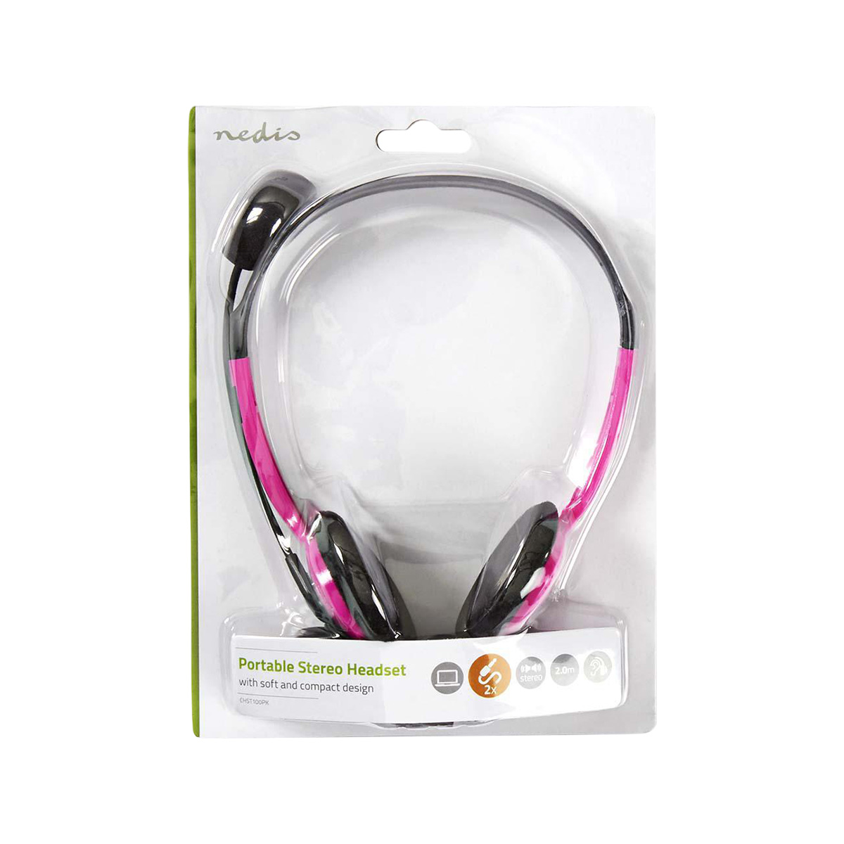 Zwarte en roze draagbare stereo headset in doorzichtige plastic verpakking met Nedis logo.