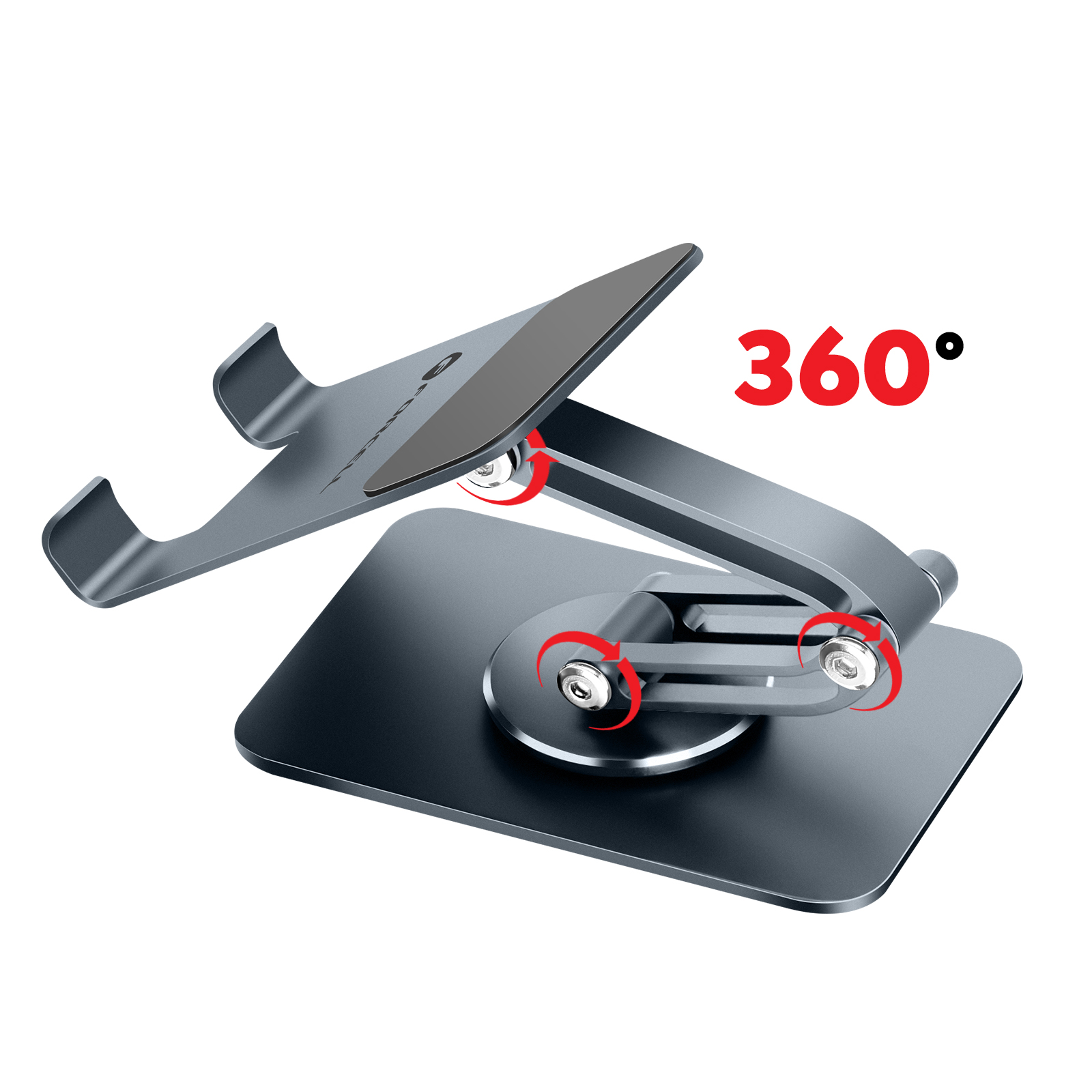Supporto grigio regolabile per telefono con rotazione 360° e frecce rosse.