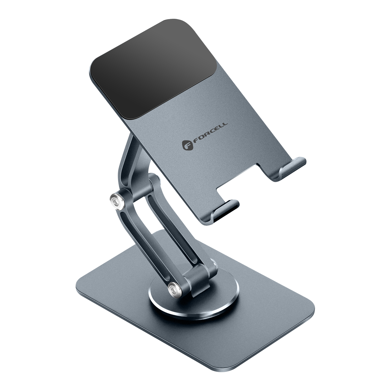 Supporto grigio regolabile per telefono con base girevole e logo.