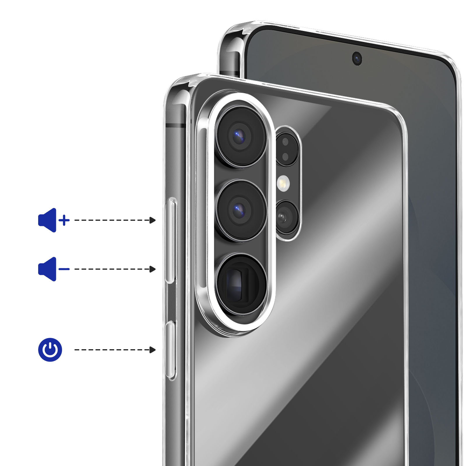 Custodia trasparente per telefono con fotocamera, volume e pulsanti.