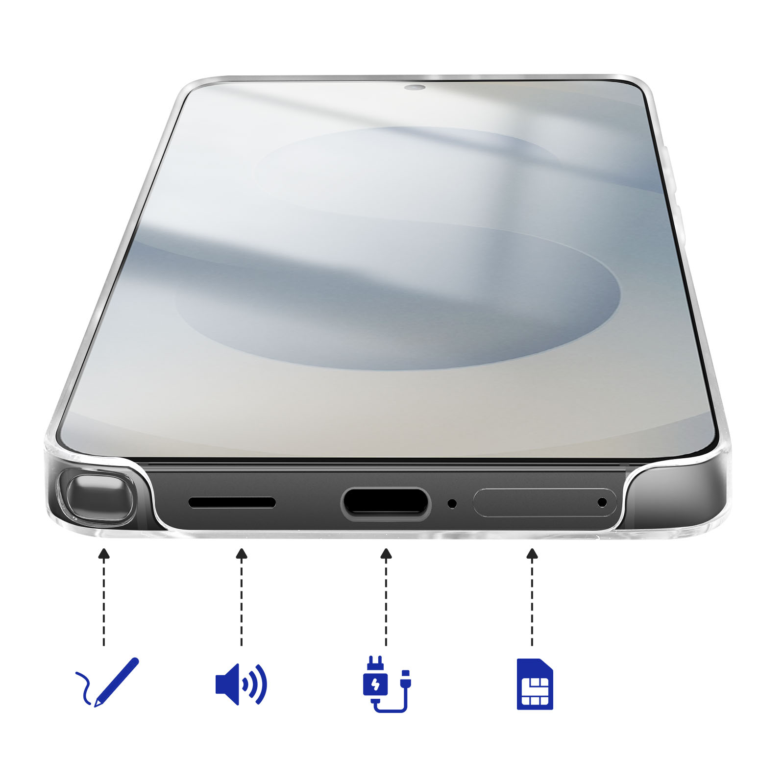 Parte inferiore smartphone: stilo, altoparlante, caricatore, SIM.