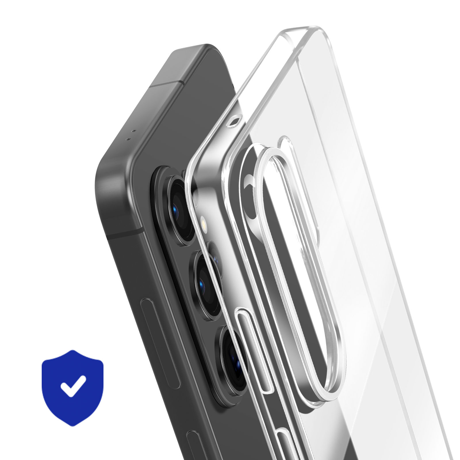 Una custodia trasparente su uno smartphone scuro con tre fotocamere e un'icona a scudo blu.