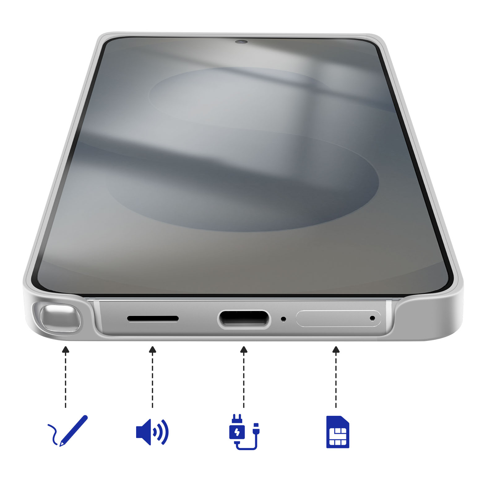 Ein Smartphone mit einem Stylus-, Lautsprecher-, Lade- und SIM-Symbol.