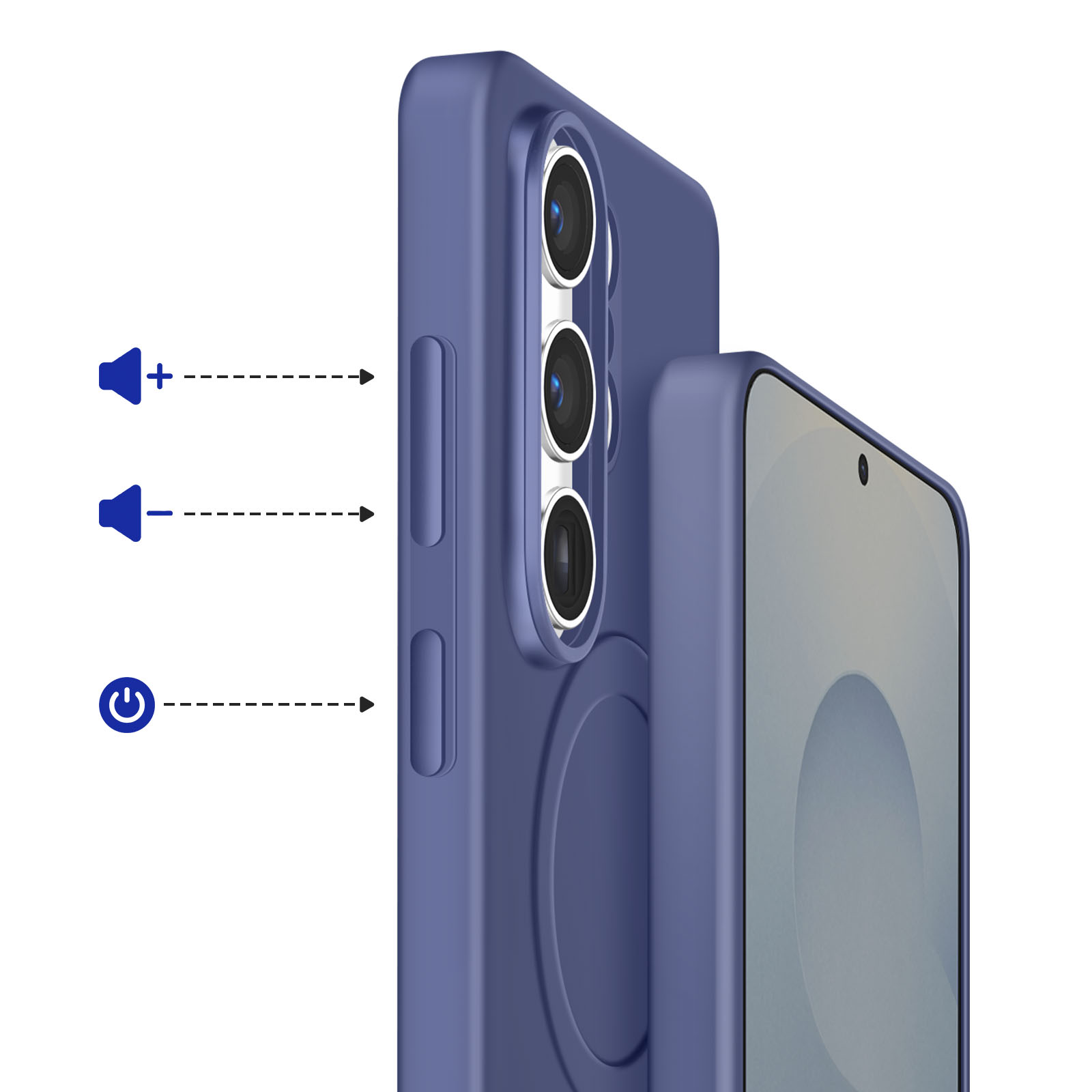 Custodia viola per telefono con pulsanti volume e accensione evidenziati.