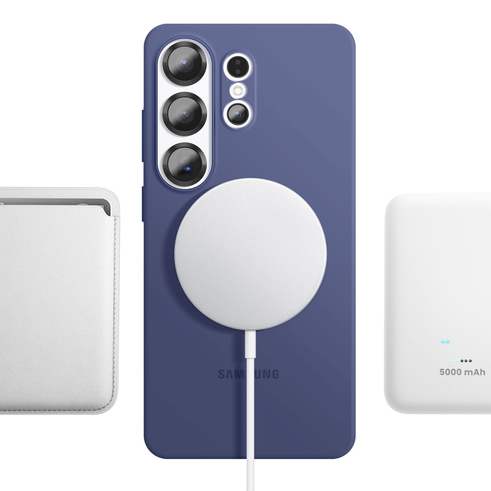 Una cover blu per telefono con fotocamere, cavo di ricarica e accessori.