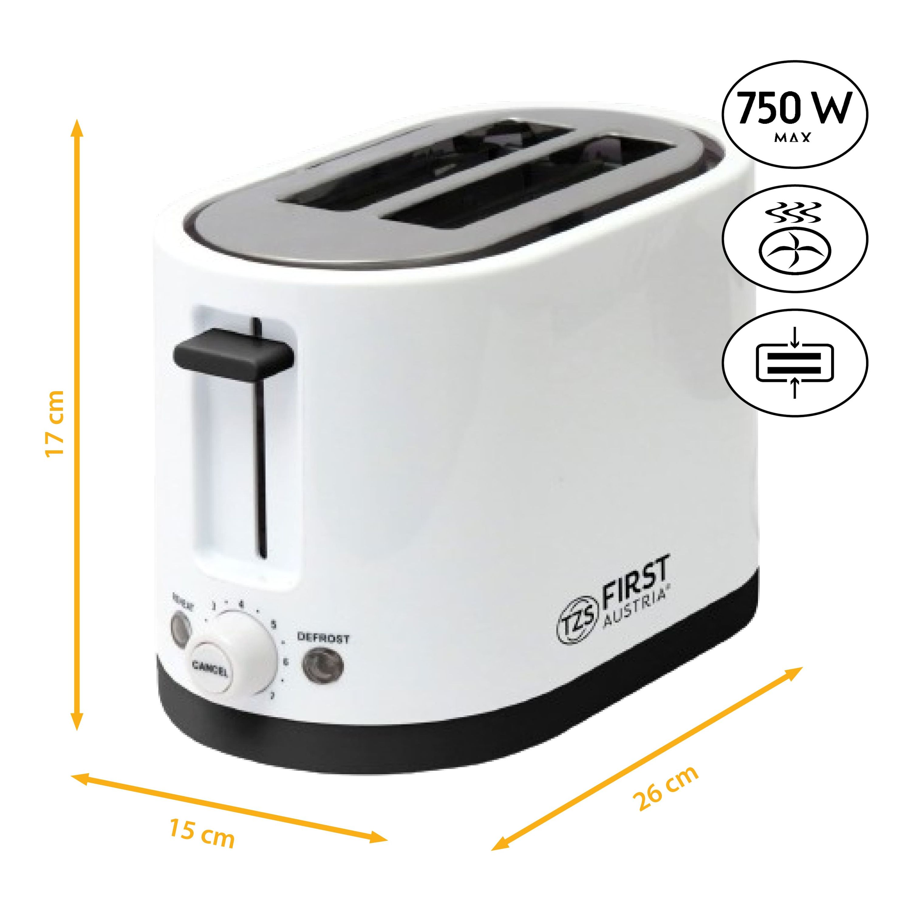 Weißer Toaster mit zwei Schlitzen, 750 W, Maße 15x26x17 cm.