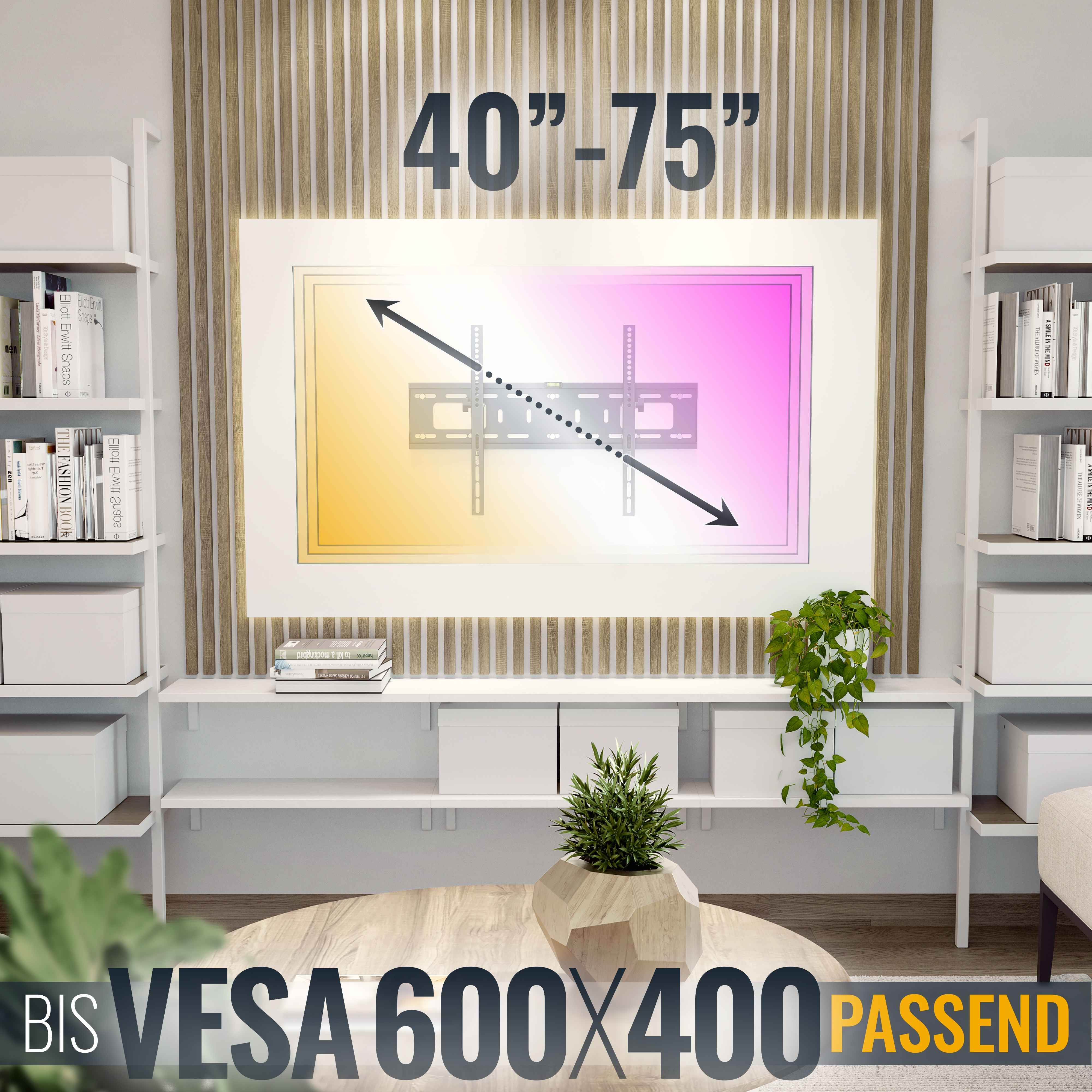 TV-Wandhalterung für 40-75 Zoll Bildschirme, VESA 600x400.