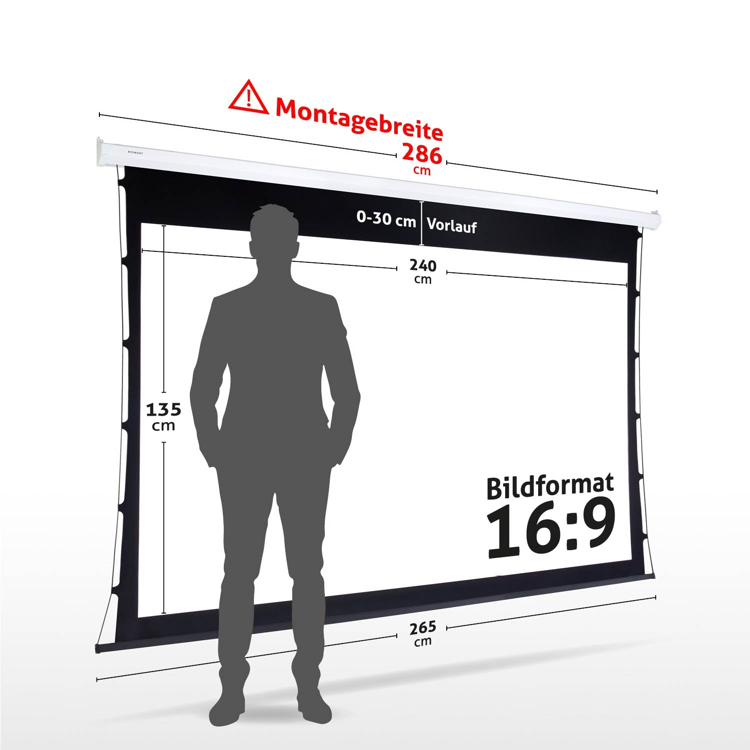 Projektionsleinwand mit Mann-Silhouette. Maße angegeben.