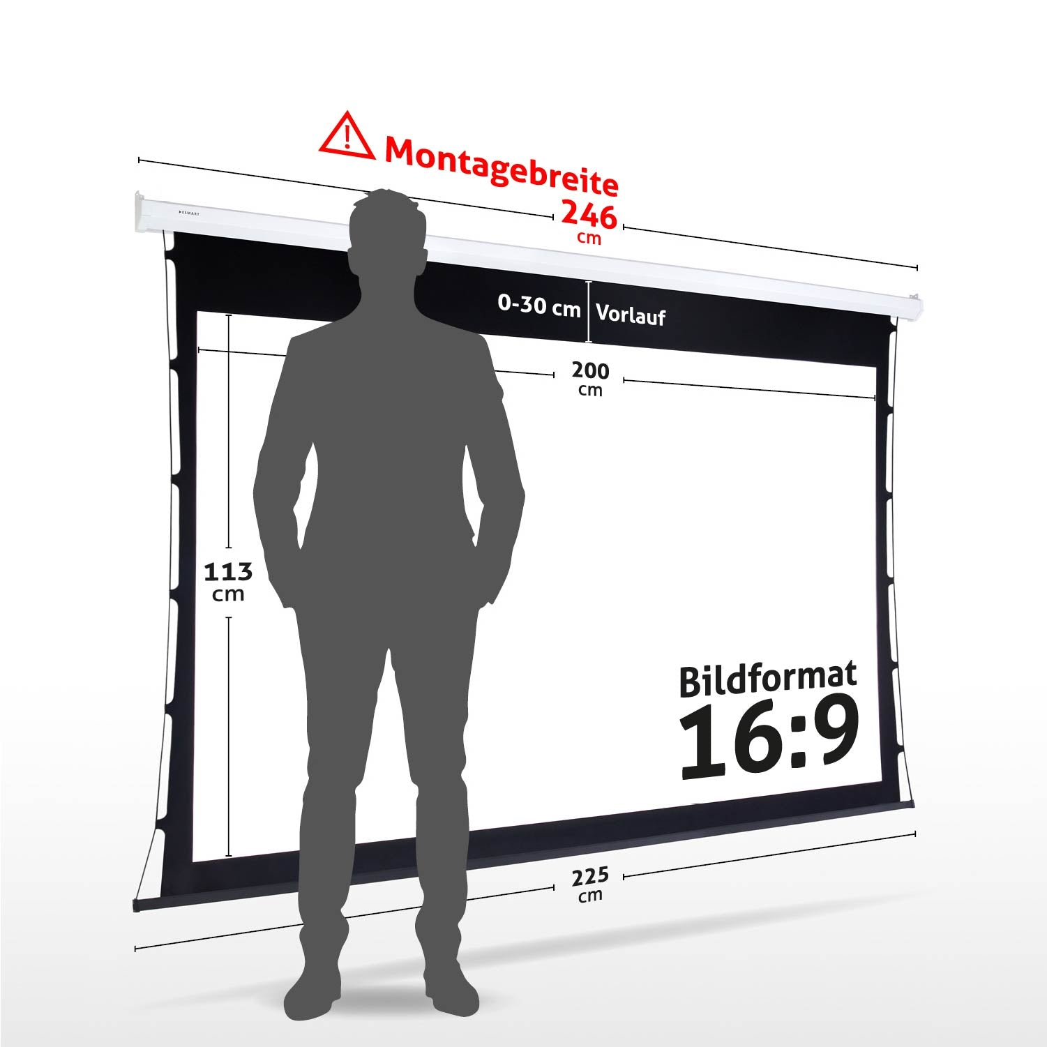 Ein Mann steht vor einer Leinwand (225 cm breit, 200 cm hoch). Montagebreite 246 cm.