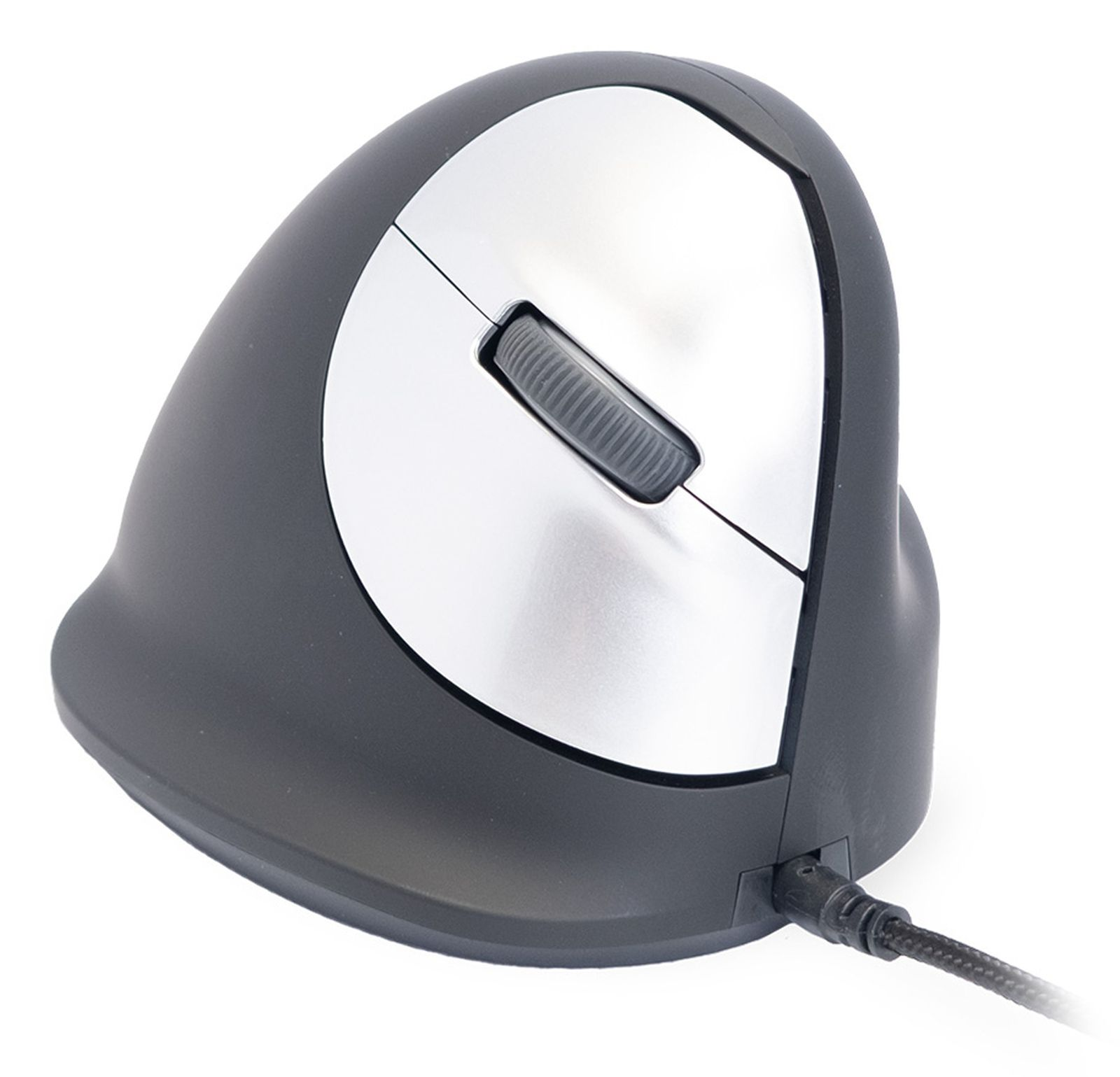 Ergonomische vertikale Maus mit silbernem Scrollrad und schwarzem Kabel.