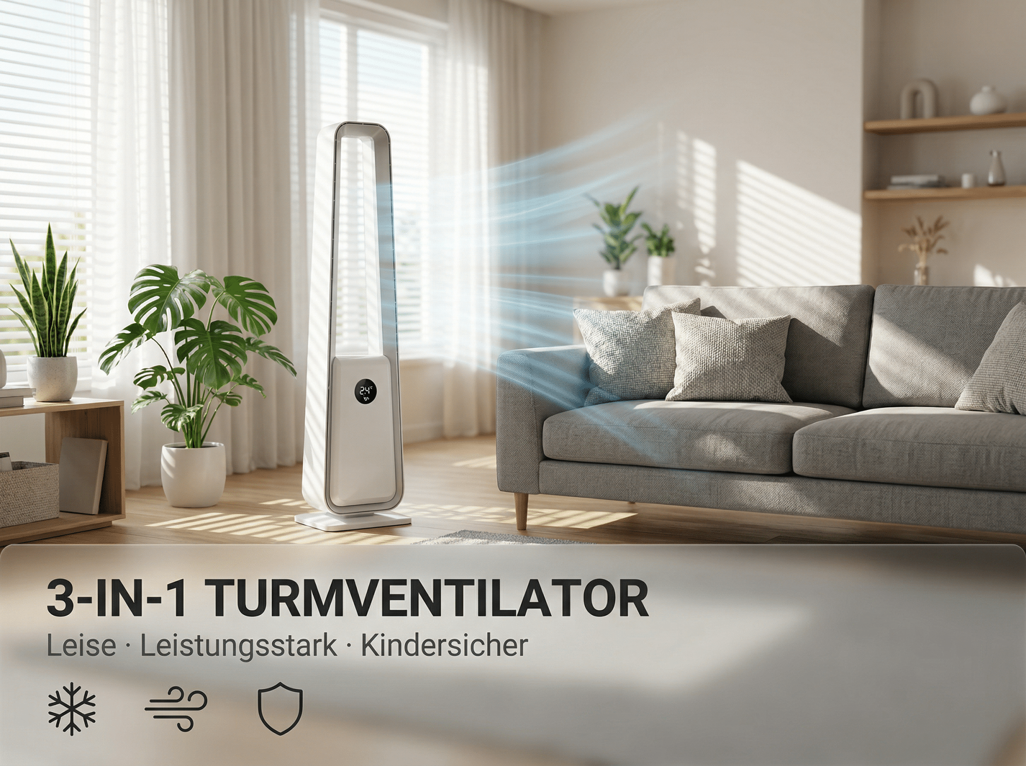 Ein weißer Turmventilator steht in einem Wohnzimmer neben einem Sofa.
