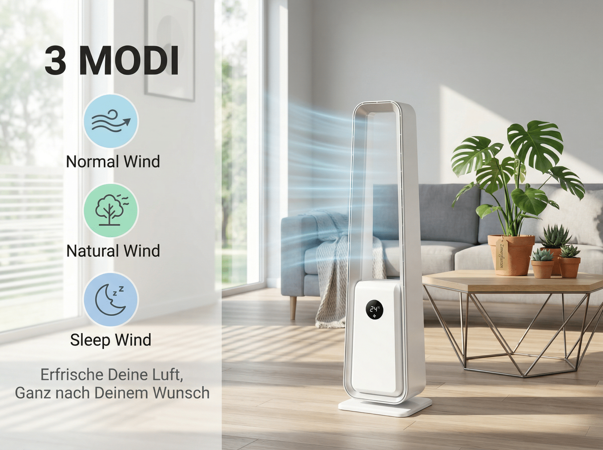 Moderner Turmventilator mit 3 Modi: Normal, Natur, Schlaf. Zeigt 24°C an.