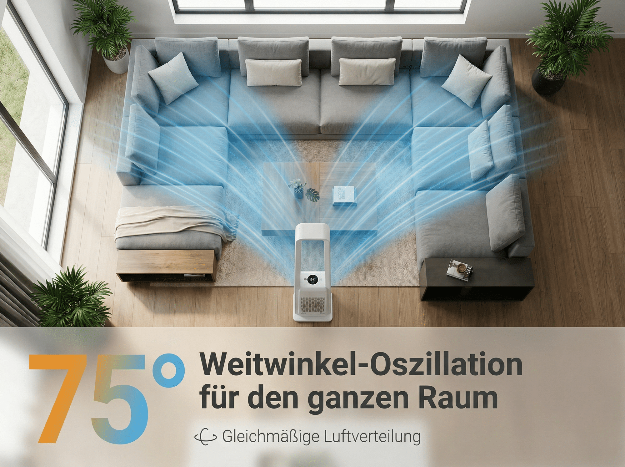 Ein weißer Luftreiniger verteilt blaue Luftströme über ein großes Sofa.