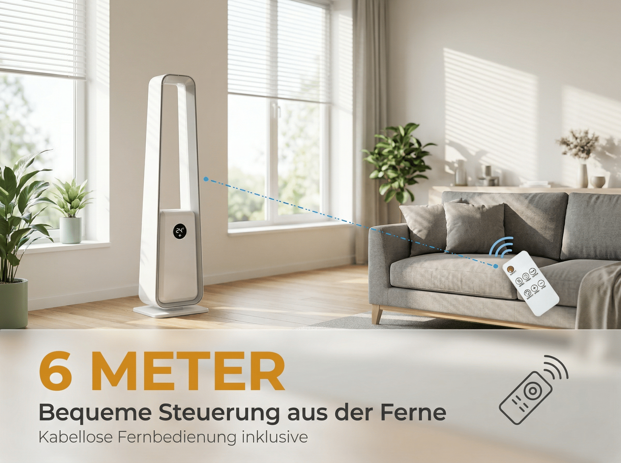 Ein weißer Turmventilator mit 24°C Anzeige neben einem Sofa mit Fernbedienung.