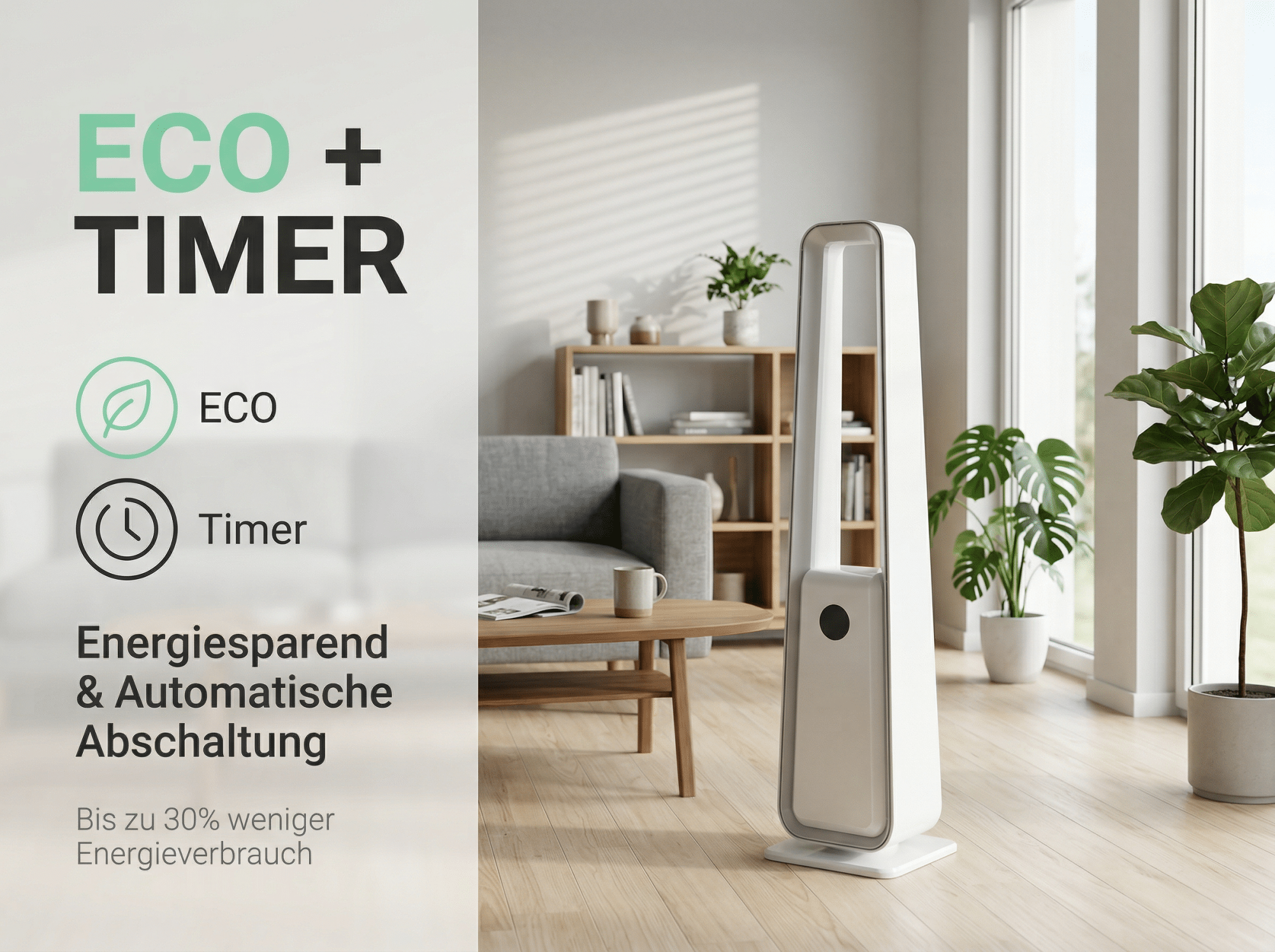 Ein schlanker, weißer Turmventilator steht im Wohnzimmer neben Pflanzen.