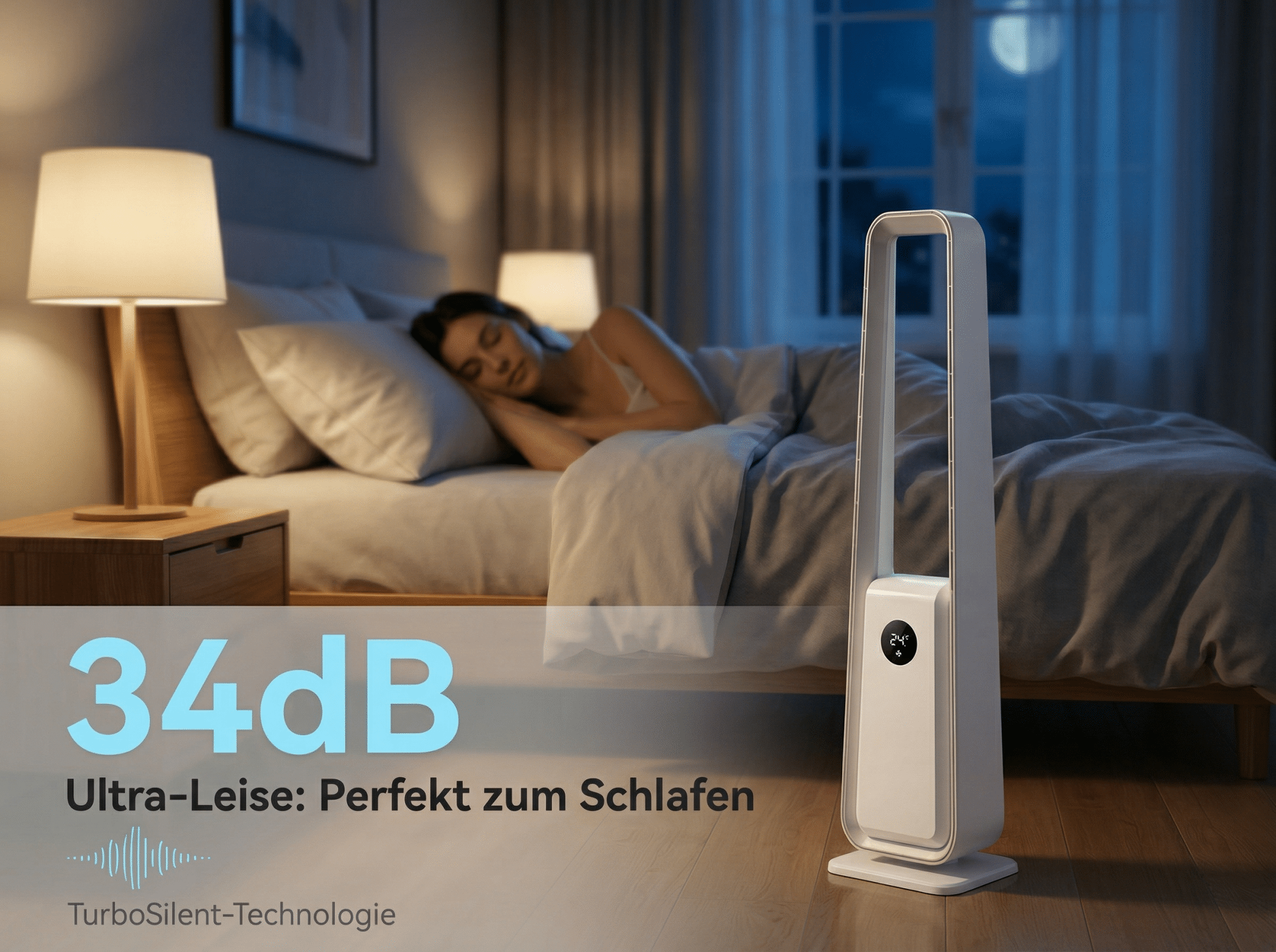 Eine Frau schläft im Bett, ein Ventilator steht daneben. 34dB Ultra-Leise.