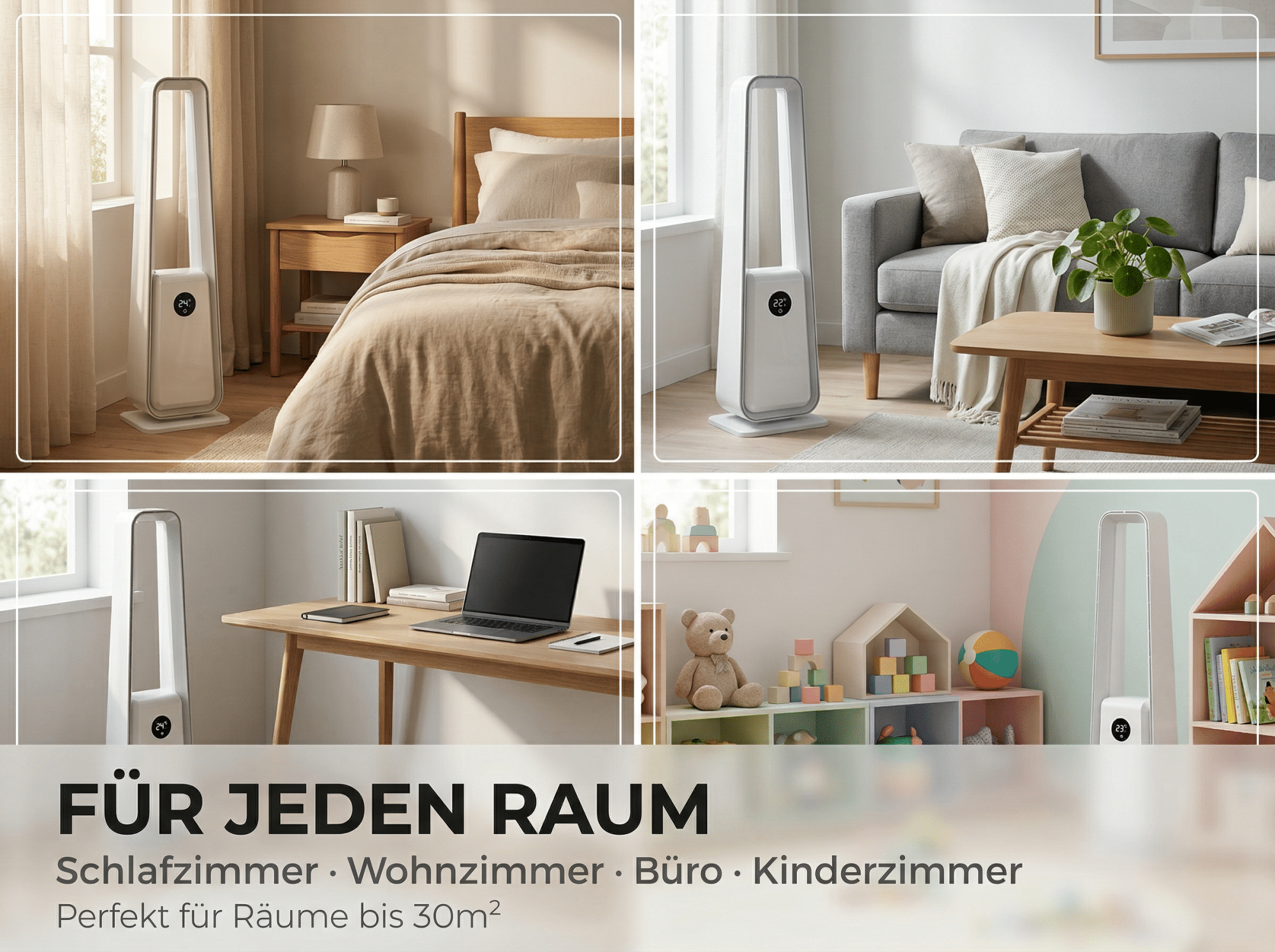 Ein Ventilator in einem Schlafzimmer, Wohnzimmer, Büro und Kinderzimmer.