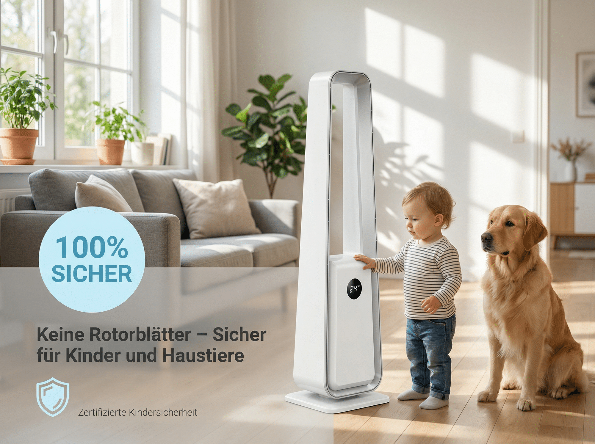Ein Kleinkind und ein Hund stehen neben einem weißen Turmlüfter in einem Wohnzimmer.