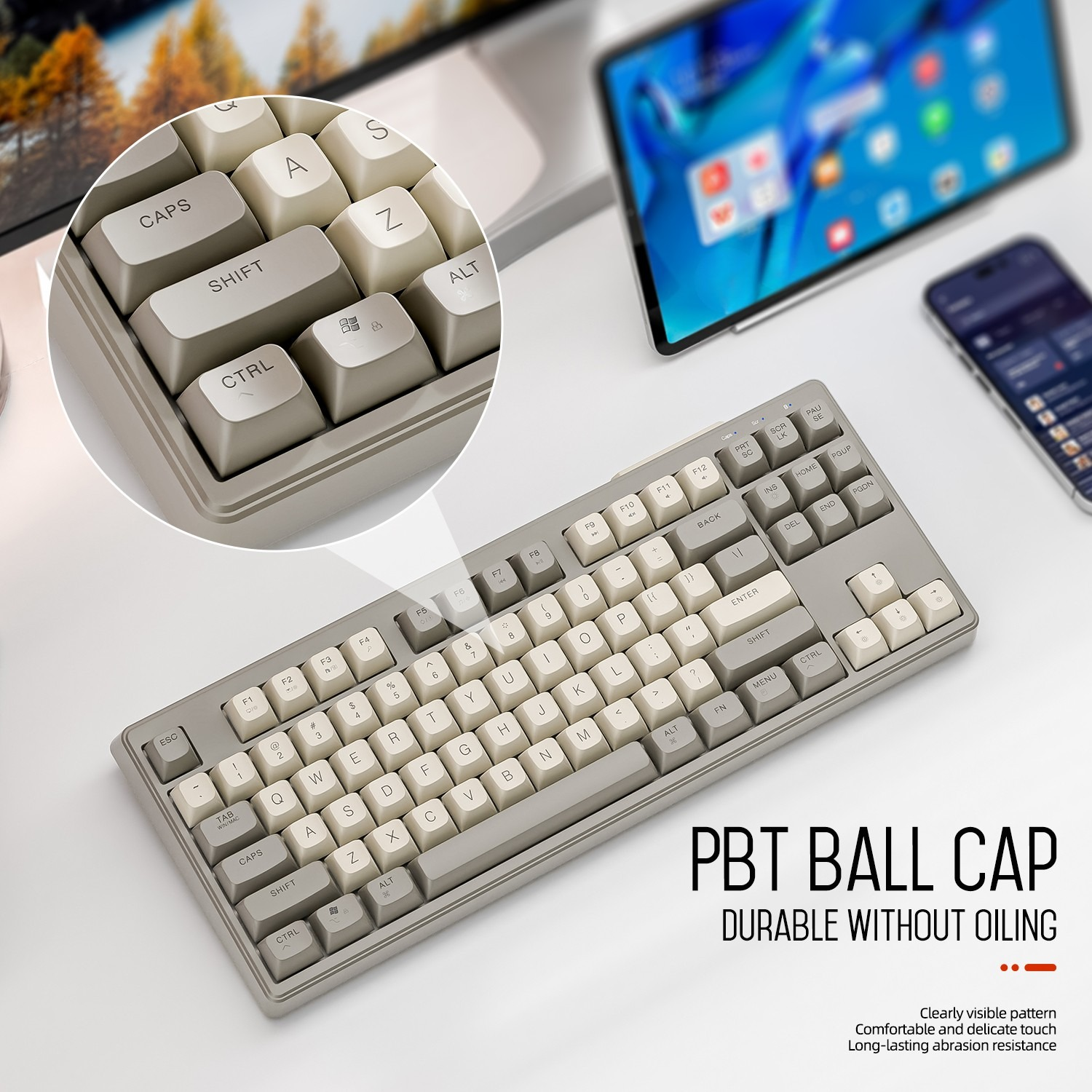 Eine graue Tastatur mit weißen Tasten mit Beschriftungen. Nahaufnahme der Tasten.