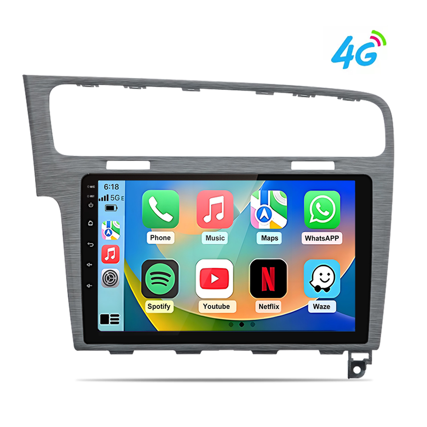Display autoradio mostra app come Telefono, Musica, Mappe e segnale 4G.