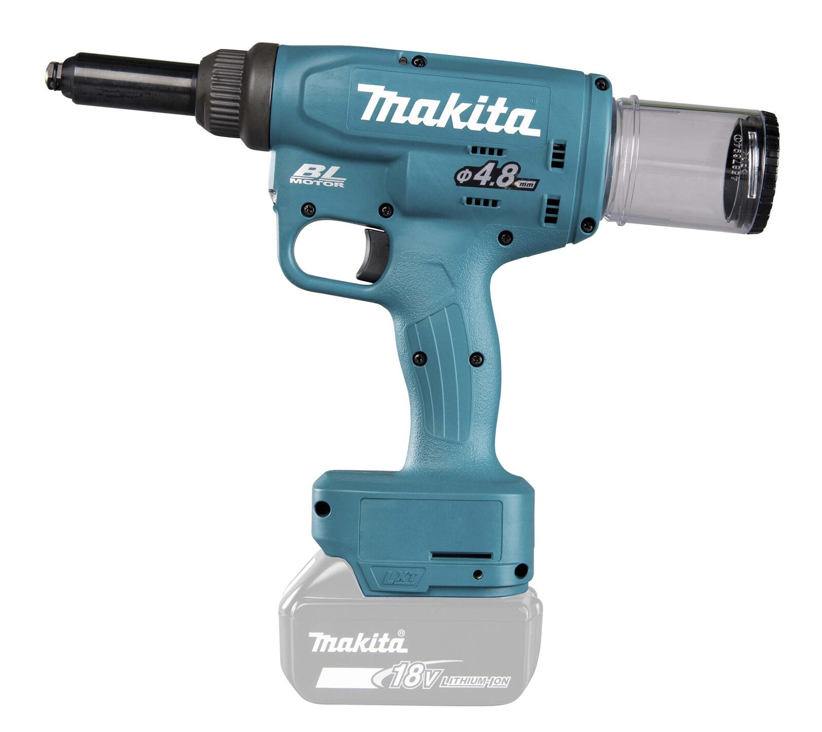 Turkusowy pistolet do nitów akumulatorowych z czarnym uchwytem i przezroczystym pojemnikiem.