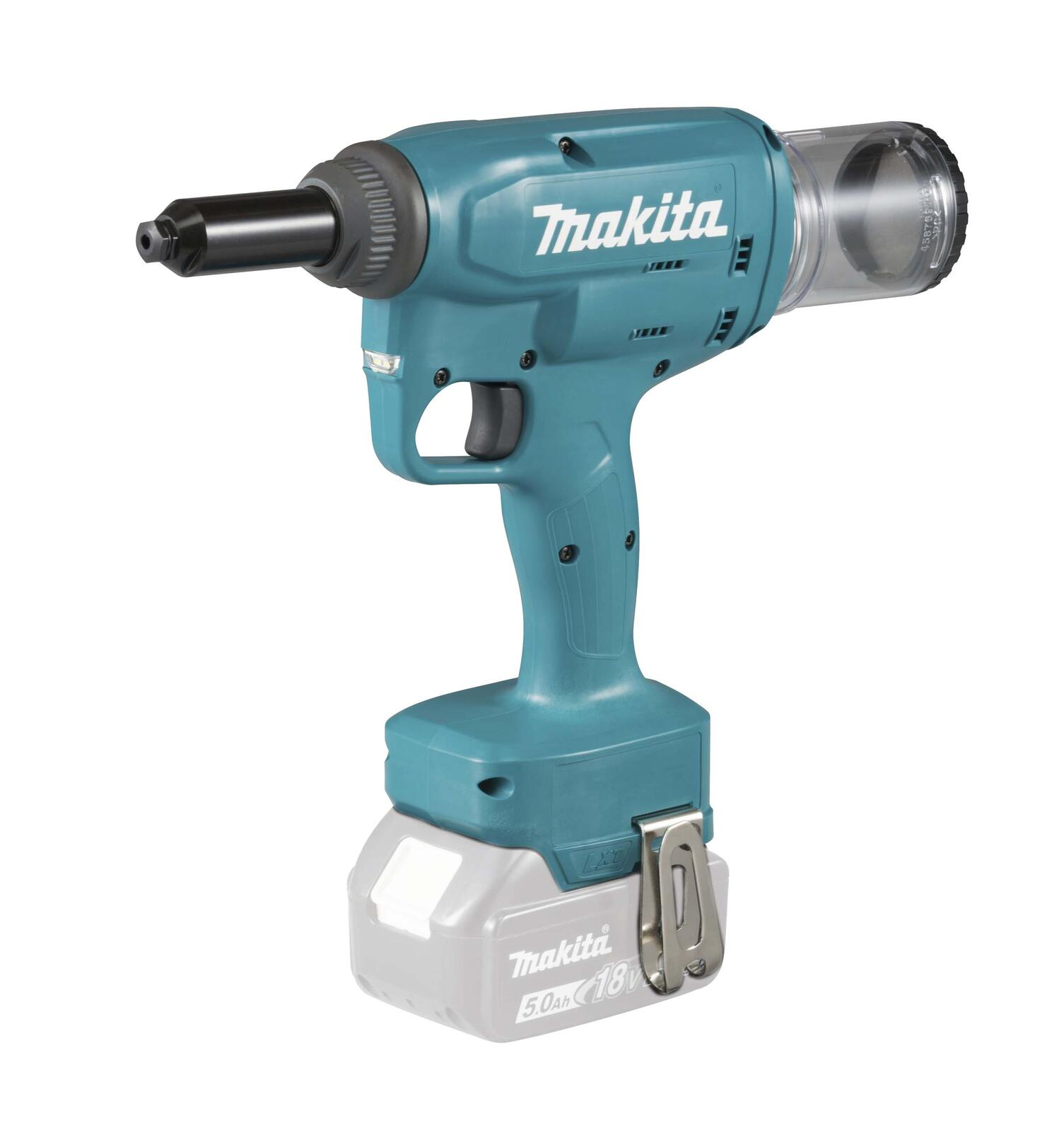 Una rivettatrice a batteria Makita blu con contenitore trasparente.
