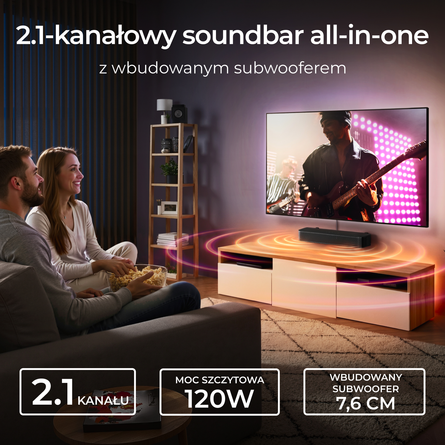 Para ogląda TV. Soundbar na szafce. Grafika: 2.1 kanału, moc 120W.
