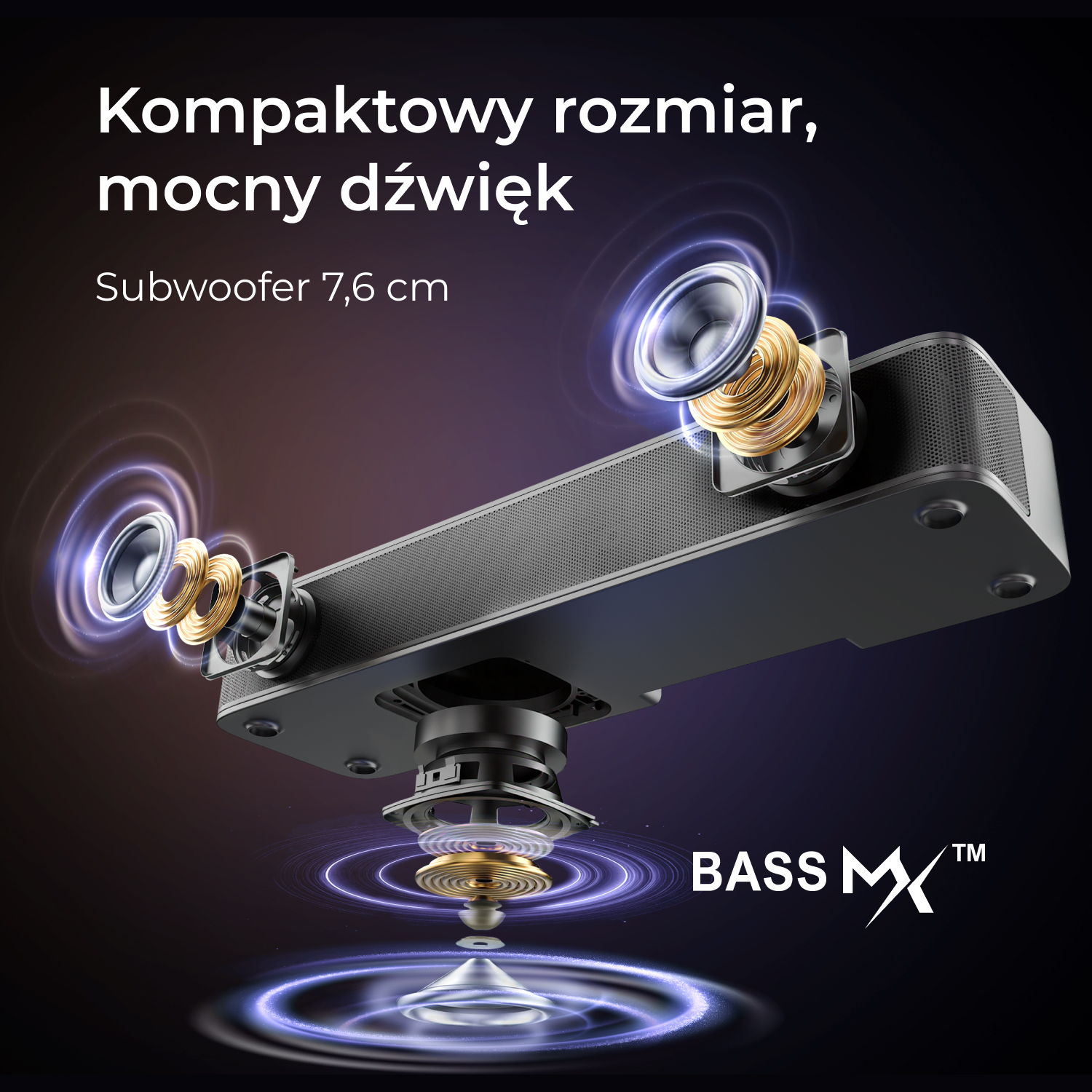 Widok rozstrzelony subwoofera z koncentrycznymi falami i logo BASS MX.