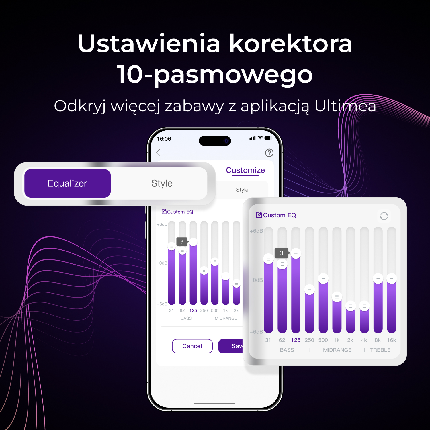 Interfejs aplikacji z ustawieniami korektora, wykresami słupkowymi i suwakami.