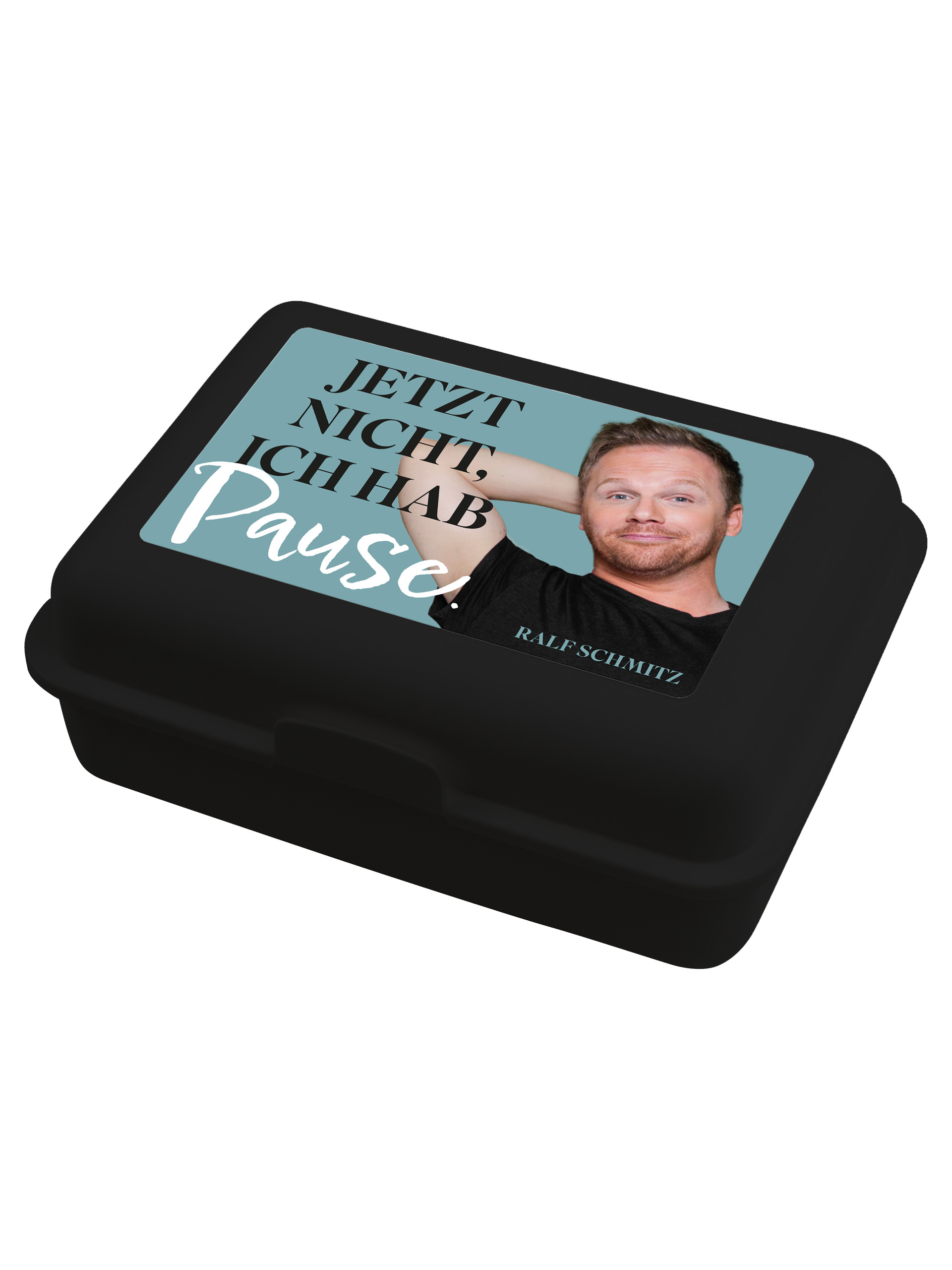 Schwarze Box mit Aufdruck: Mann mit Händen hinter dem Kopf, Schriftzug 'Jetzt nicht, ich hab Pause'.