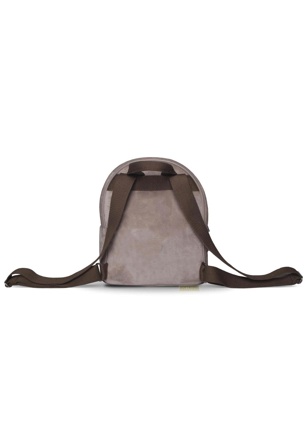 Ein grauer Rucksack mit braunen Trägern auf weißem Hintergrund.