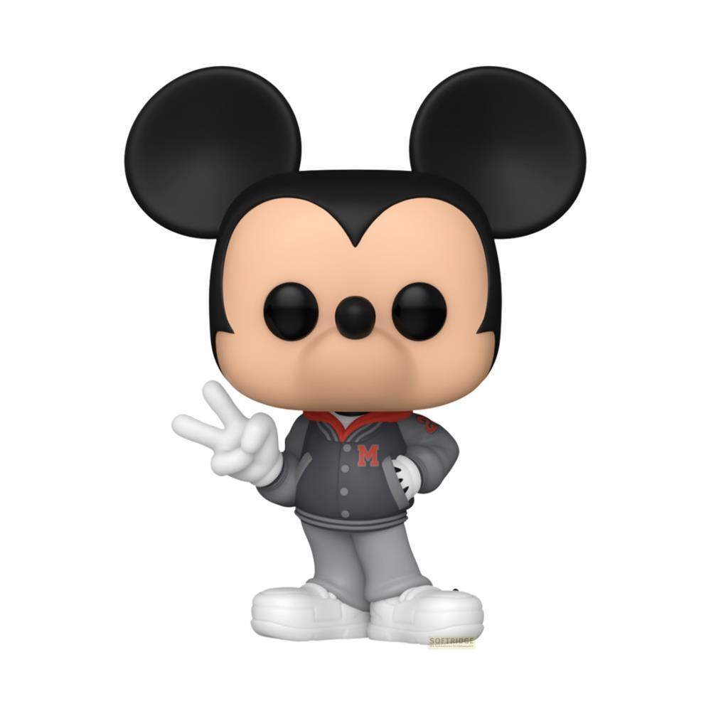 Figura di Topolino in giacca e pantaloni, con segno di pace, su sfondo bianco.
