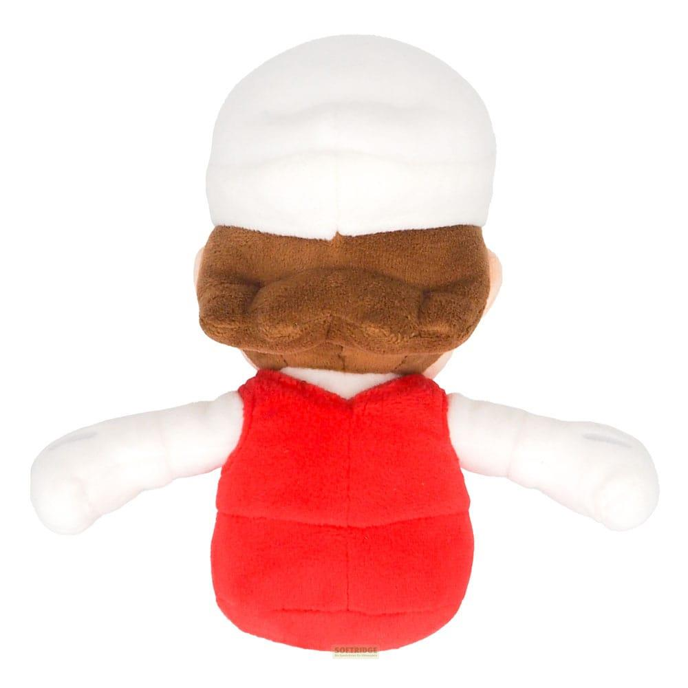 Rückansicht einer Mario-Puppe mit weißer Mütze, braunem Haar und rotem Hemd.