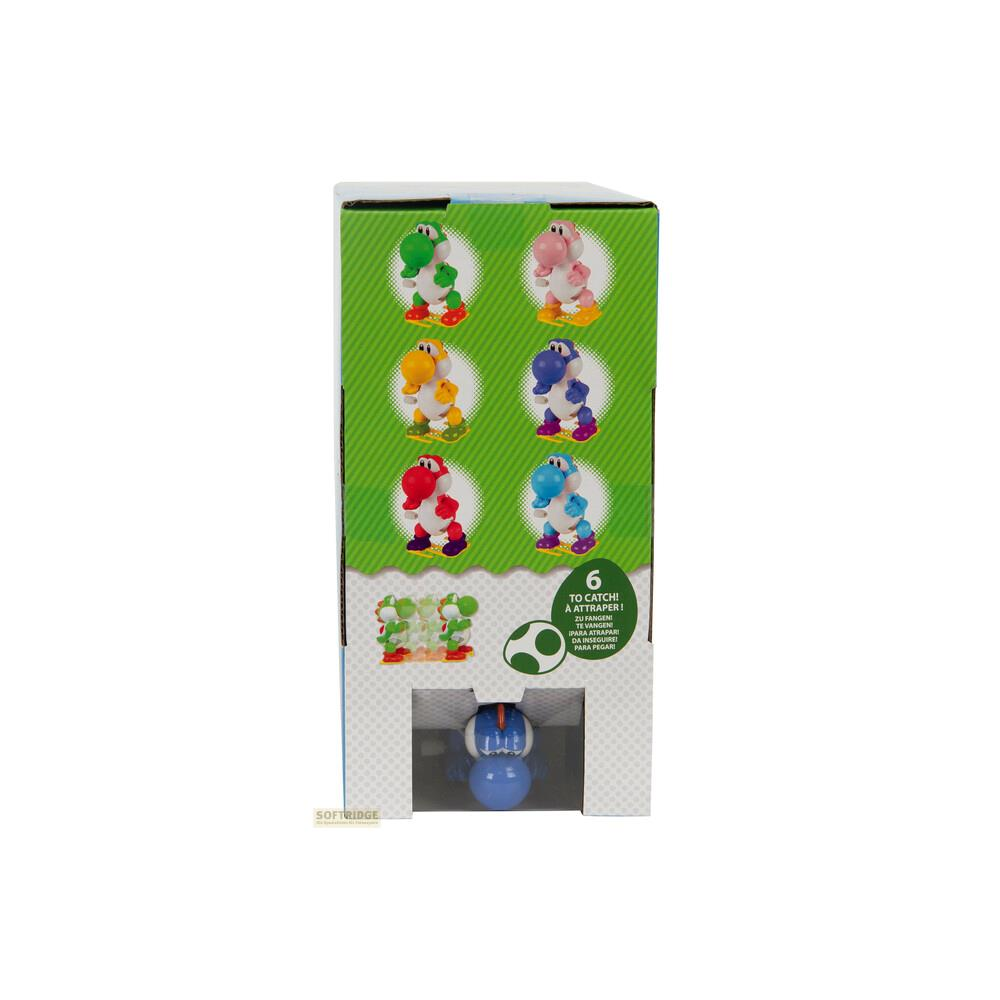 Boîte montrant six figurines Yoshi de différentes couleurs. Un jouet bleu est en bas.