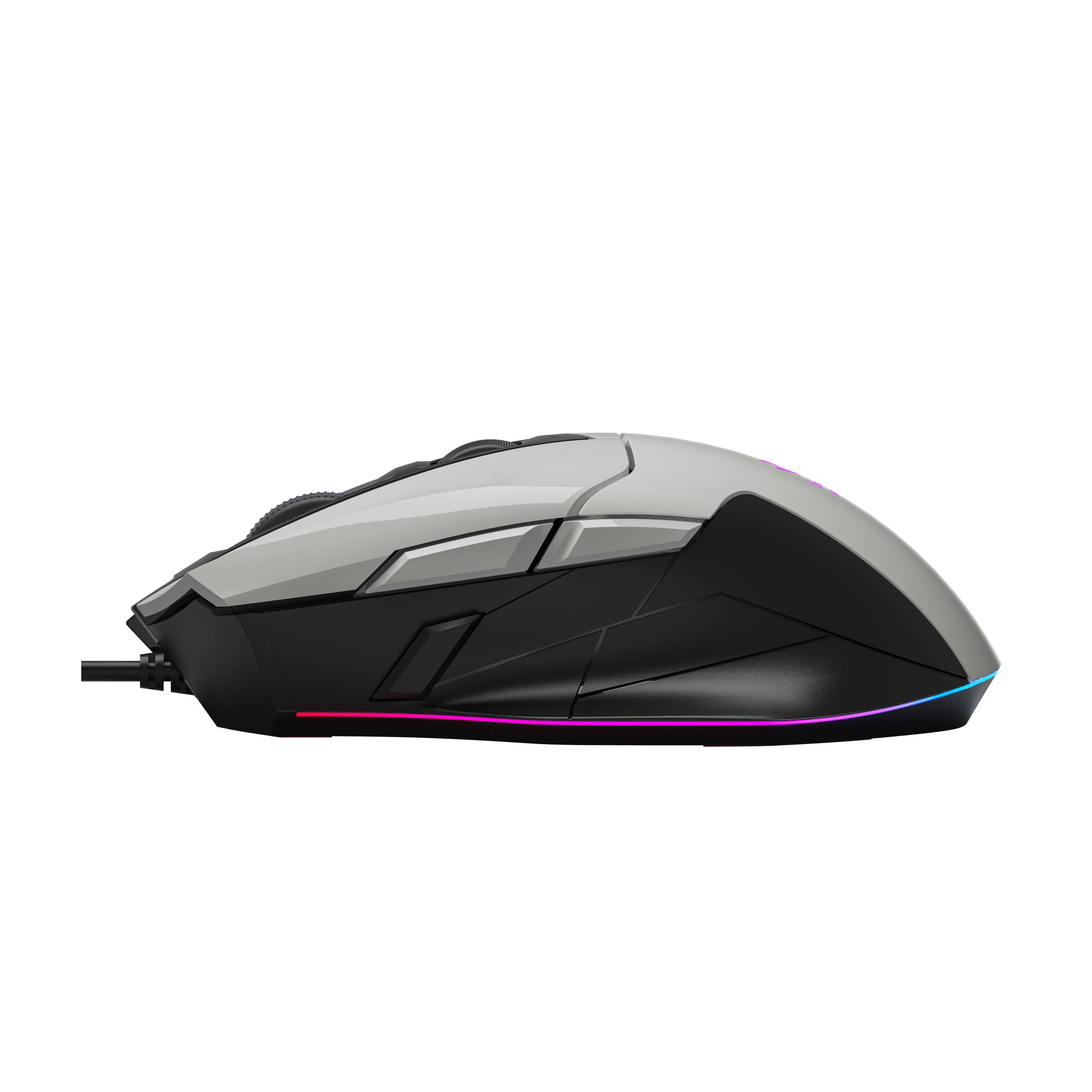 Mouse gaming grigio e nero con illuminazione RGB, vista laterale.
