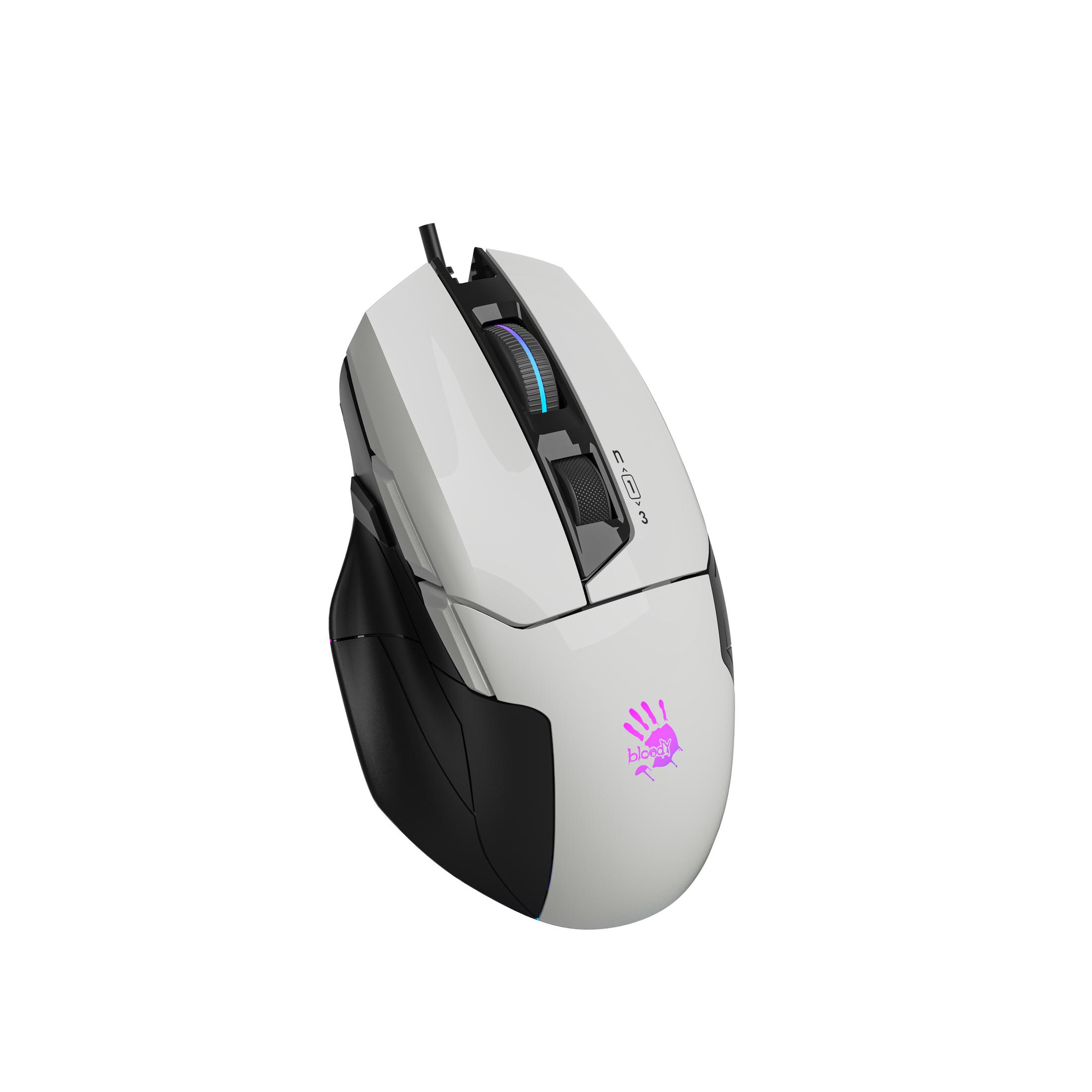 Mouse da gaming bianco con impugnatura nera e rotella illuminata.