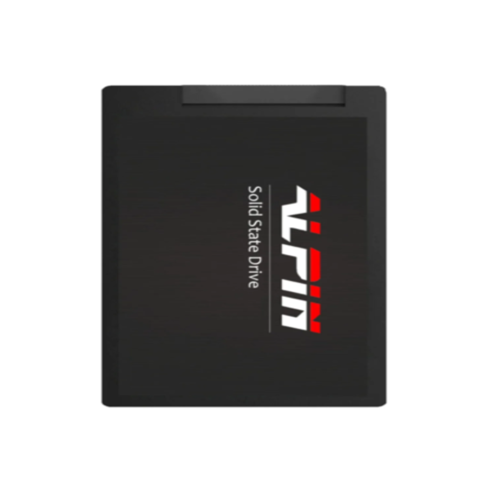 Kırmızı ve beyaz logolu siyah Solid State Drive.