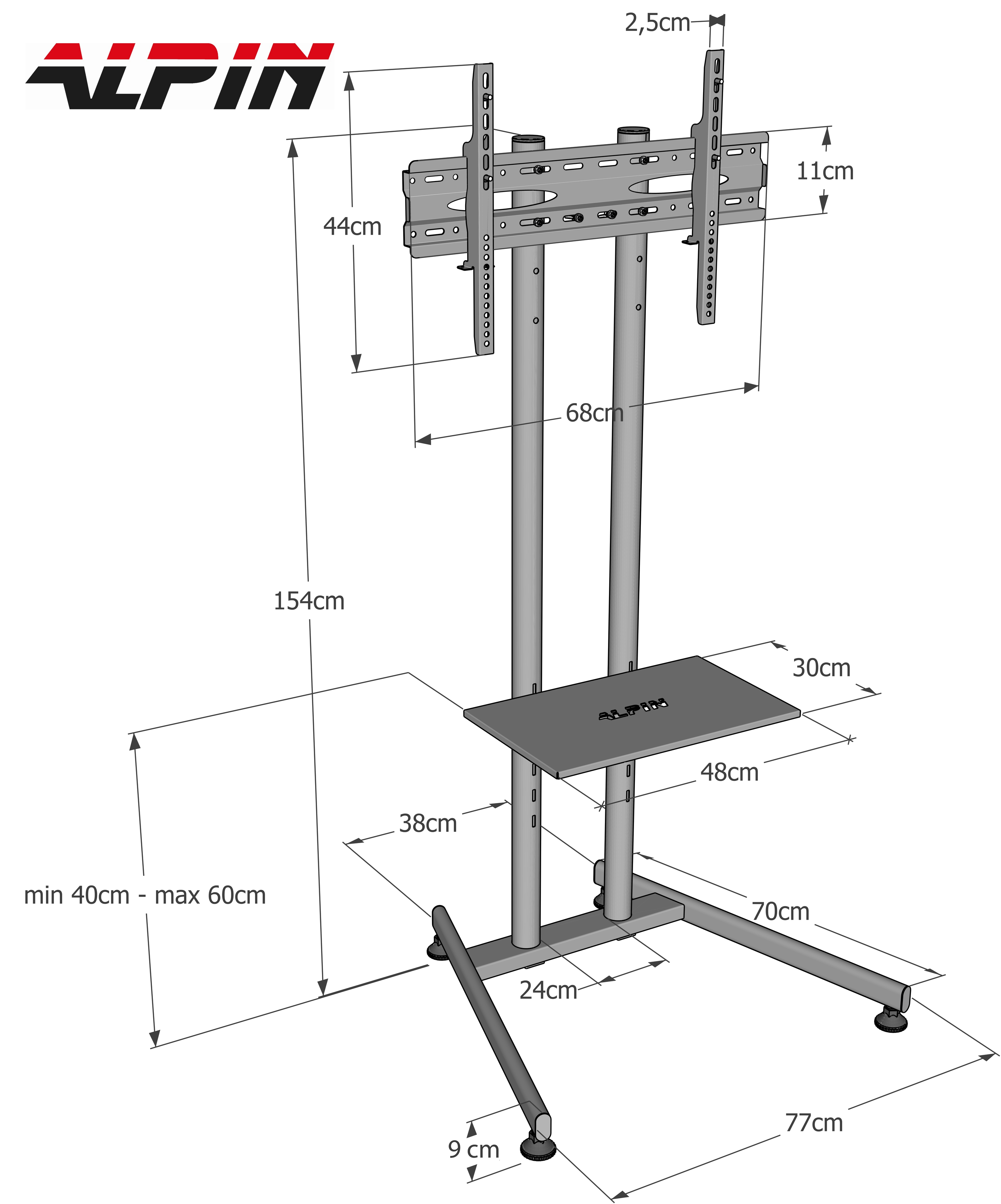 Alpin TV sehpası boyutlar ve montaj aparatları ile. Toplam boyutlar 154x68x77cm.