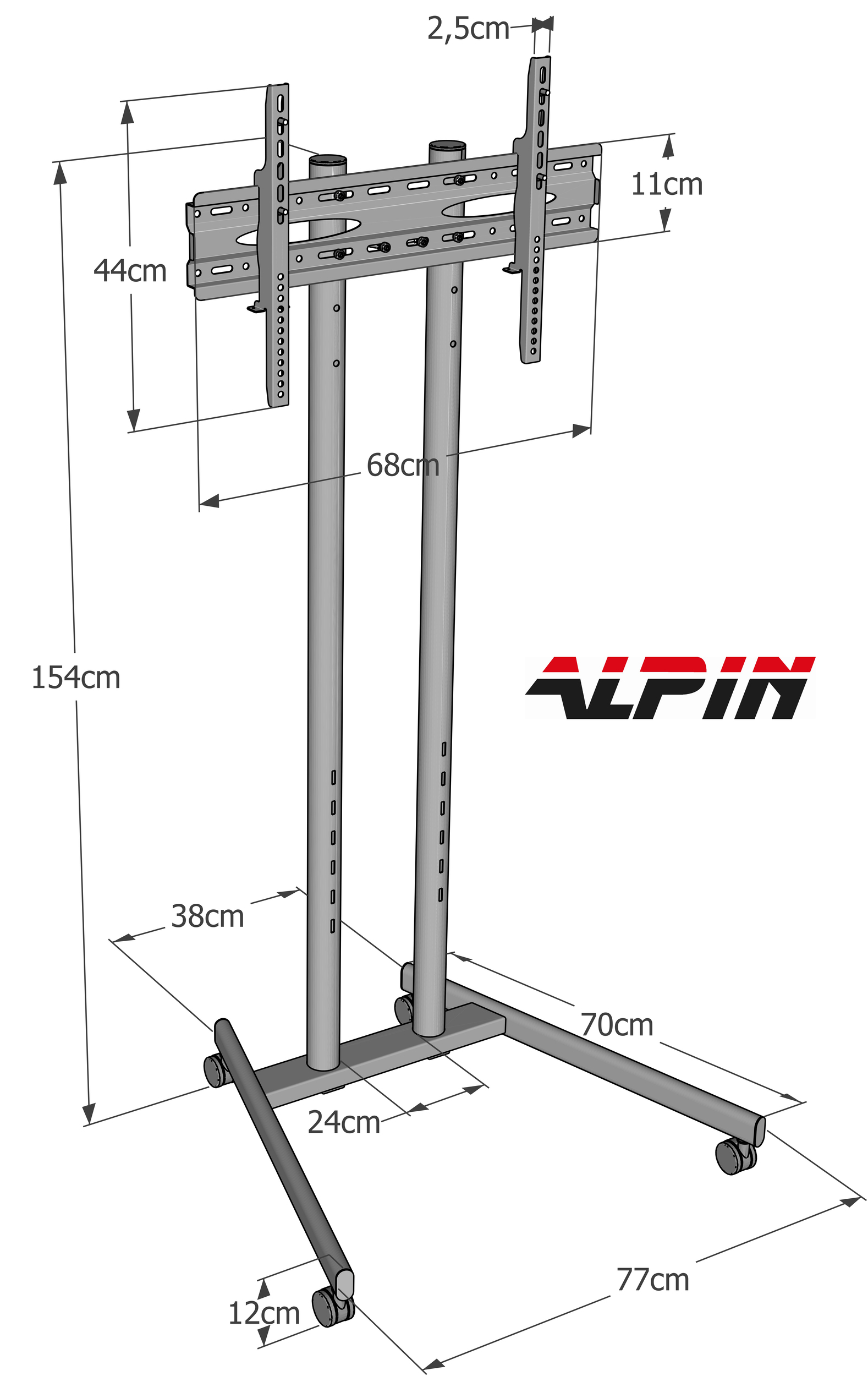 Boyutlarıyla mobil bir TV sehpaları. Yükseklik 154cm, genişlik 68cm, derinlik 38cm.