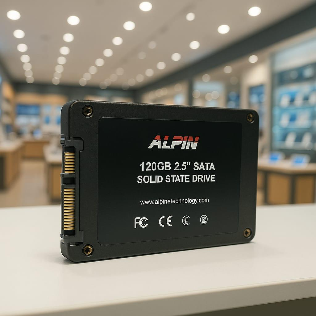 Siyah bir ALPIN 120GB SATA Katı Hal Sürücüsü masanın üzerinde duruyor.