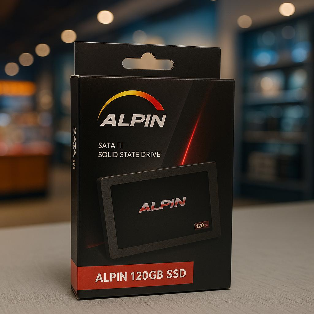 Alpin 120GB SSD ambalajı, sürücü pencerede görünür durumda.