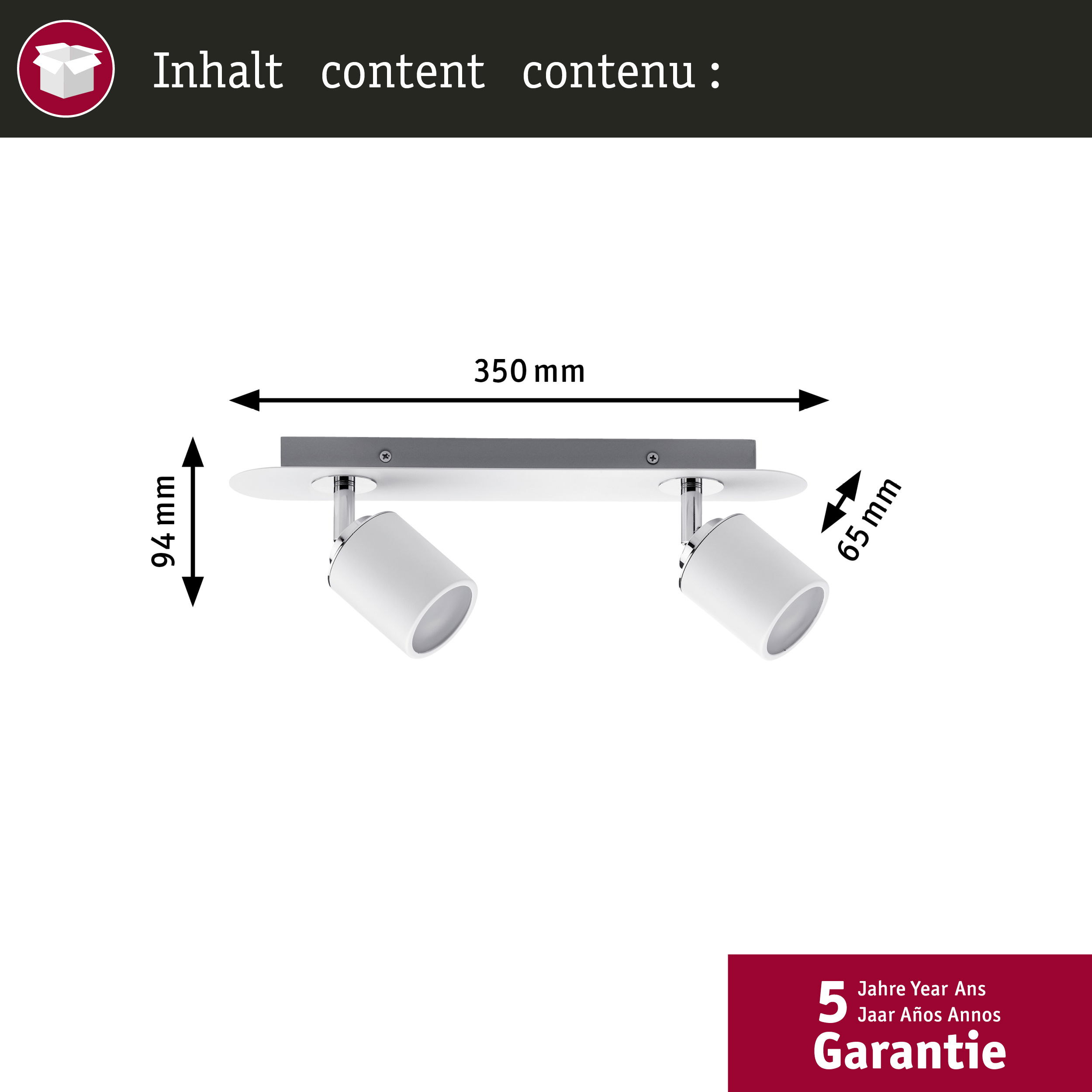 Due faretti da soffitto bianchi, lunghi 350 mm, alti 94 mm, larghi 65 mm.