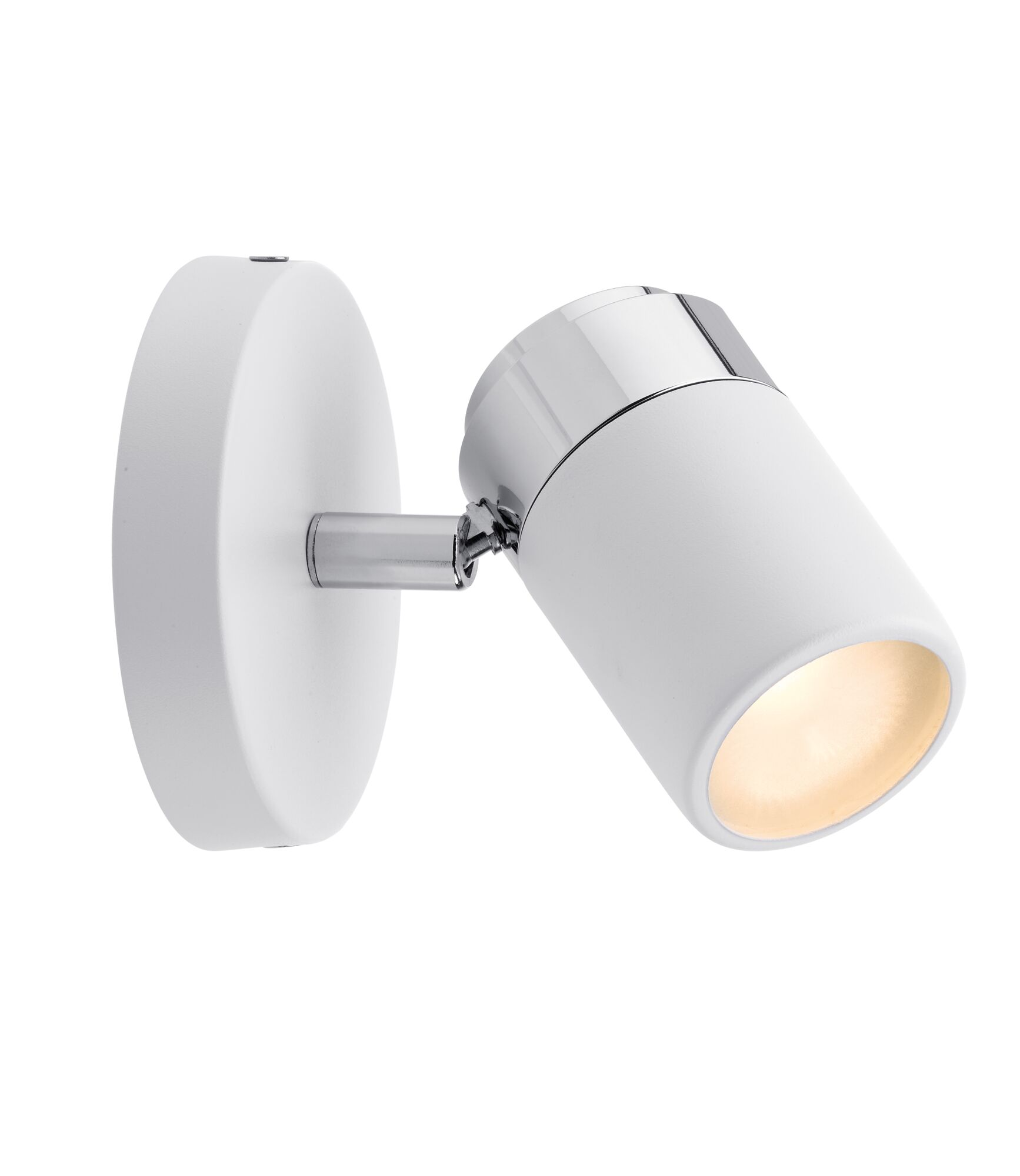 Lampada da parete bianca con faretti orientabili e dettagli cromati, emette luce calda.