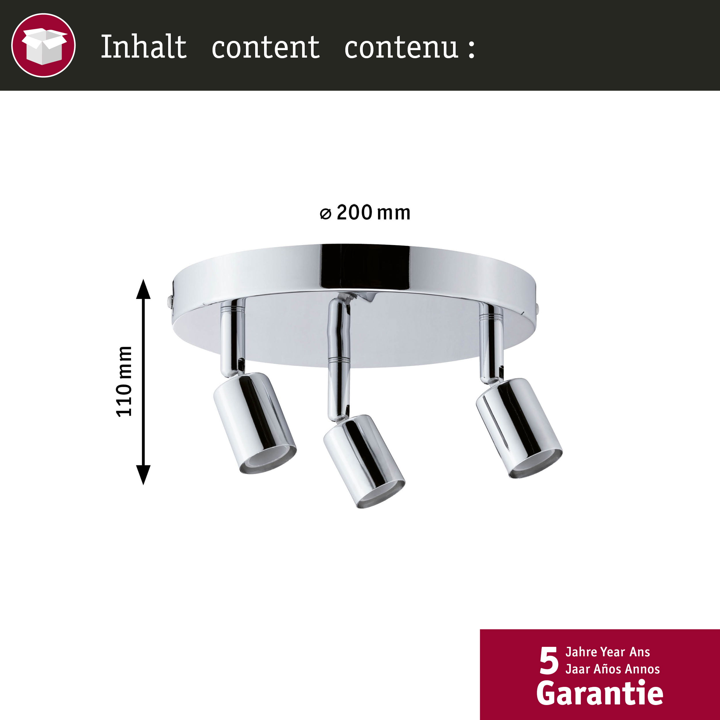 Srebrna lampa sufitowa z trzema spotami, średnica 200mm.