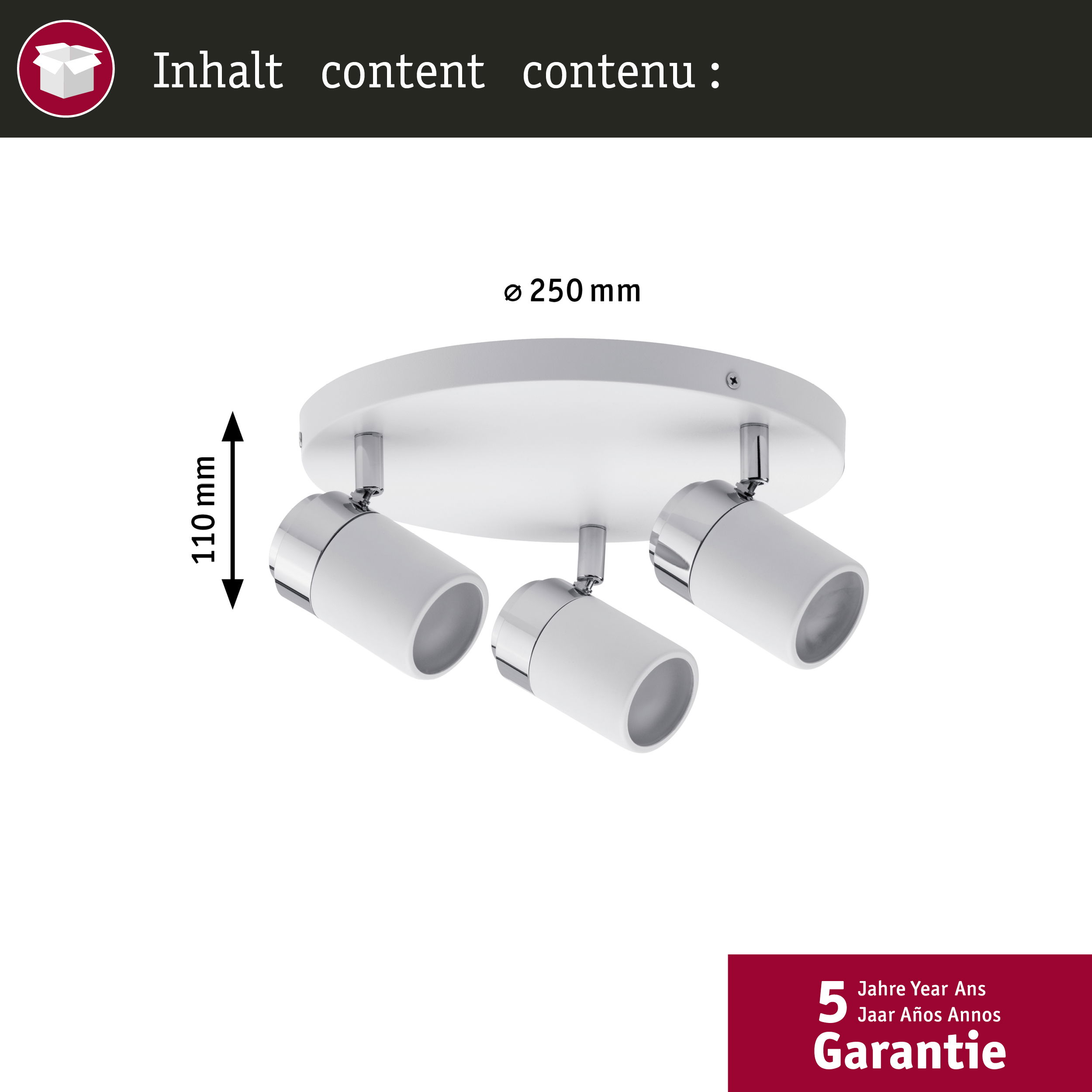 Biała lampa sufitowa z trzema spotami, średnica 250 mm, wysokość 110 mm.