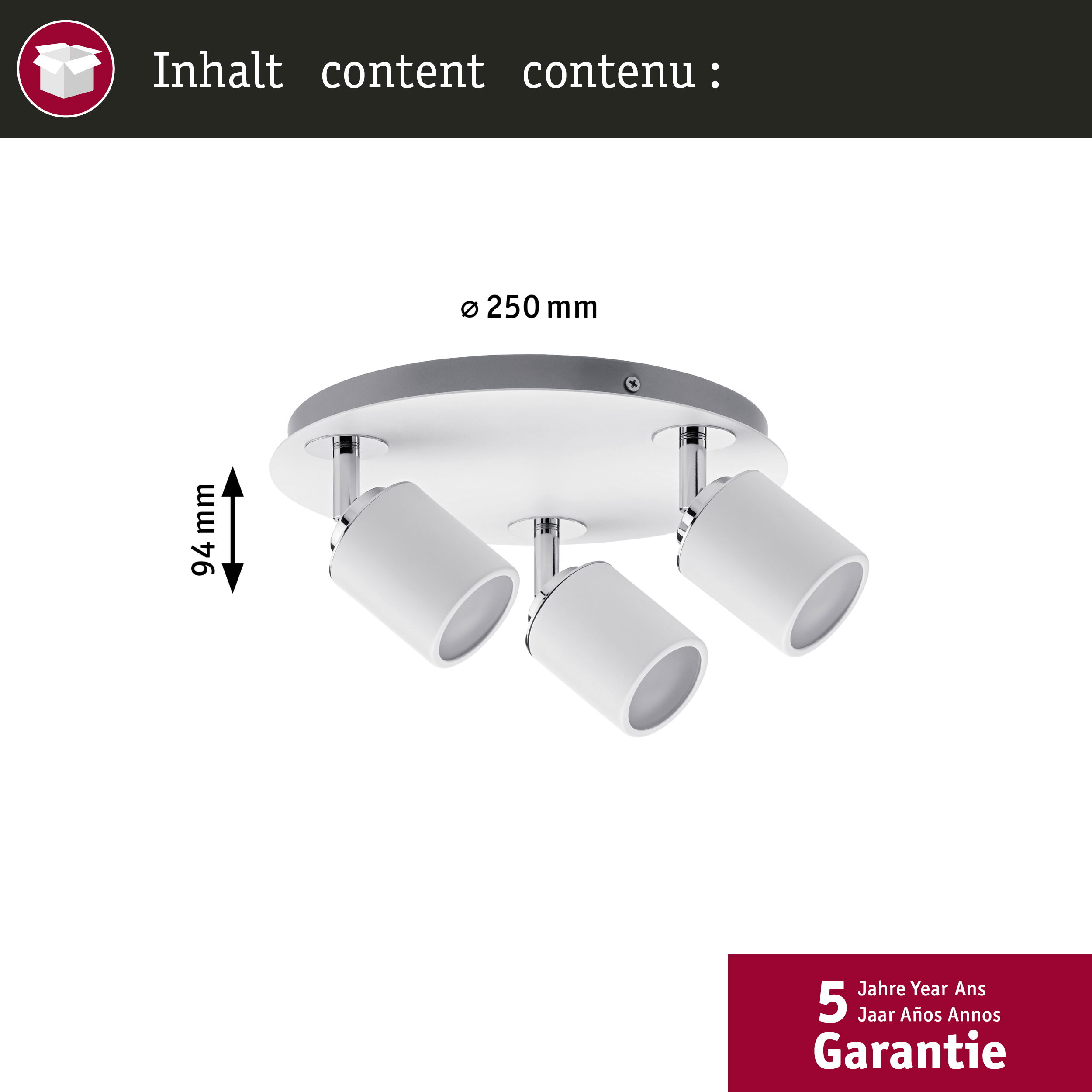 Lampa sufitowa z trzema białymi spotami, średnica 250mm, wysokość 94mm.