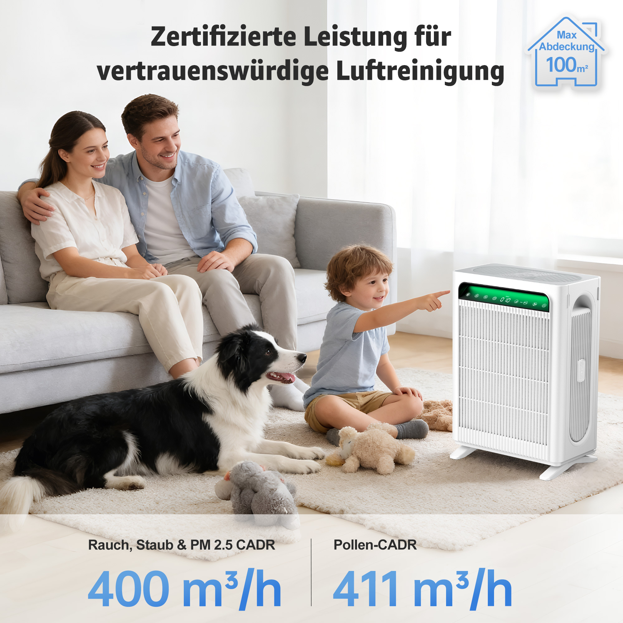 Familie mit Hund und Luftreiniger. Kind zeigt auf Gerät. 100m² Abdeckung.