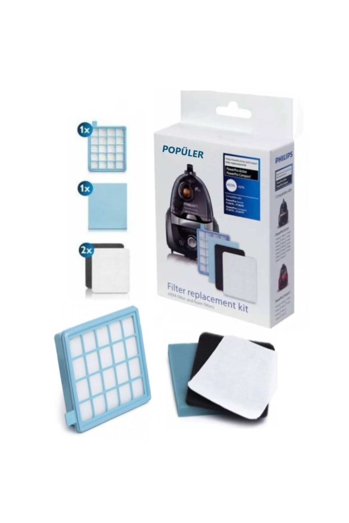 HEPA ve sünger filtreli Philips elektrikli süpürge filtre değişim kiti.