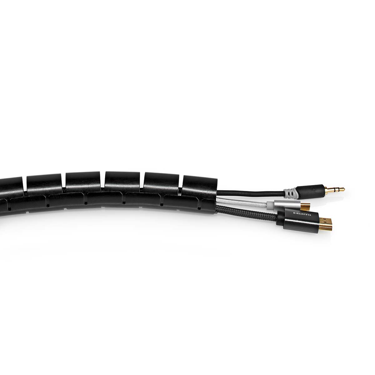 Schwarzer Kabelbinder mit drei verschiedenen Kabeln, HDMI und Klinkenstecker.